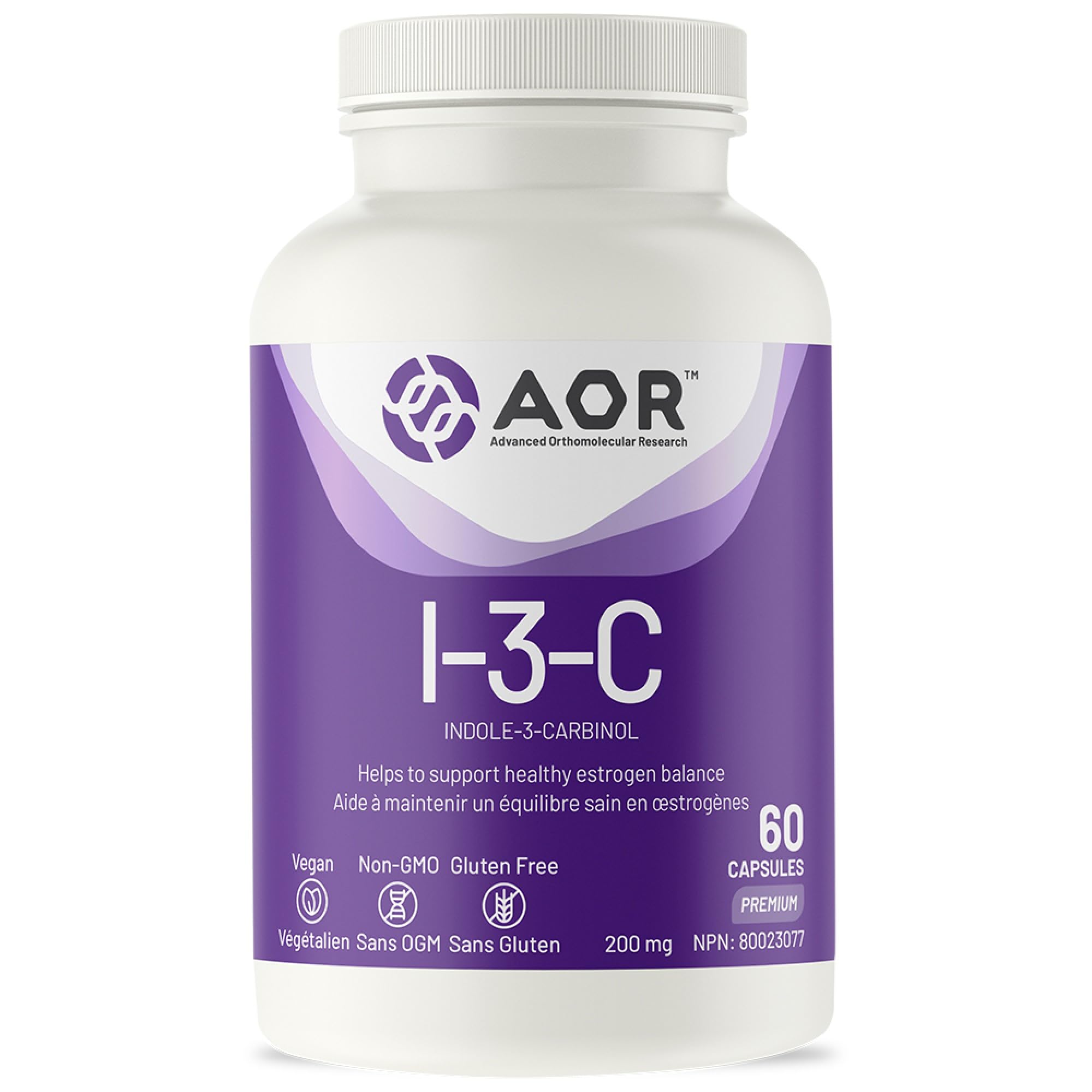 AOR Indole-3-Carbinol I-3-C 200mg 60 capsules — Approvisionnement de 60 jours — Soutien à l'équilibre des œstrogènes pour les femmes, favorise la clarté de la peau et la santé hormonale, bienfaits antioxydants — Végétalien, sans OGM et sans gluten