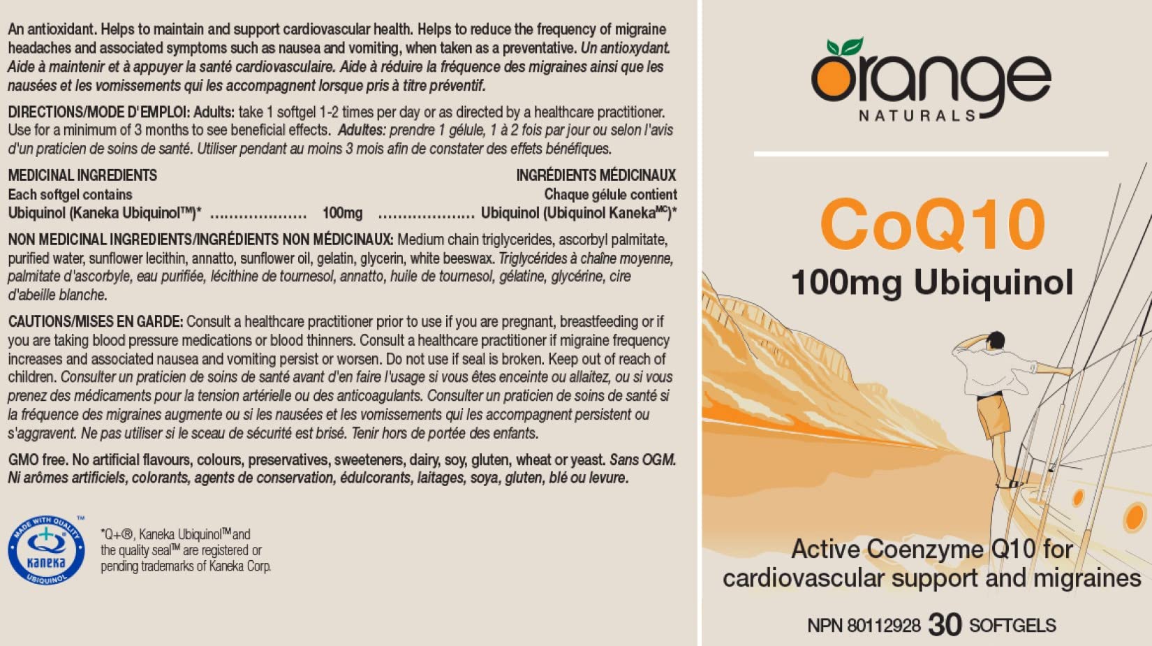 Orange Naturals - CoQ10 Ubiquinol, 30 gélules (30 jours d'approvisionnement) - Kaneka Ubiquinol CoQ10 100mg - Coenzyme Q10 pour la santé cardiovasculaire et le soulagement des maux de tête et des migraines - Soulagement des nausées et vomissements