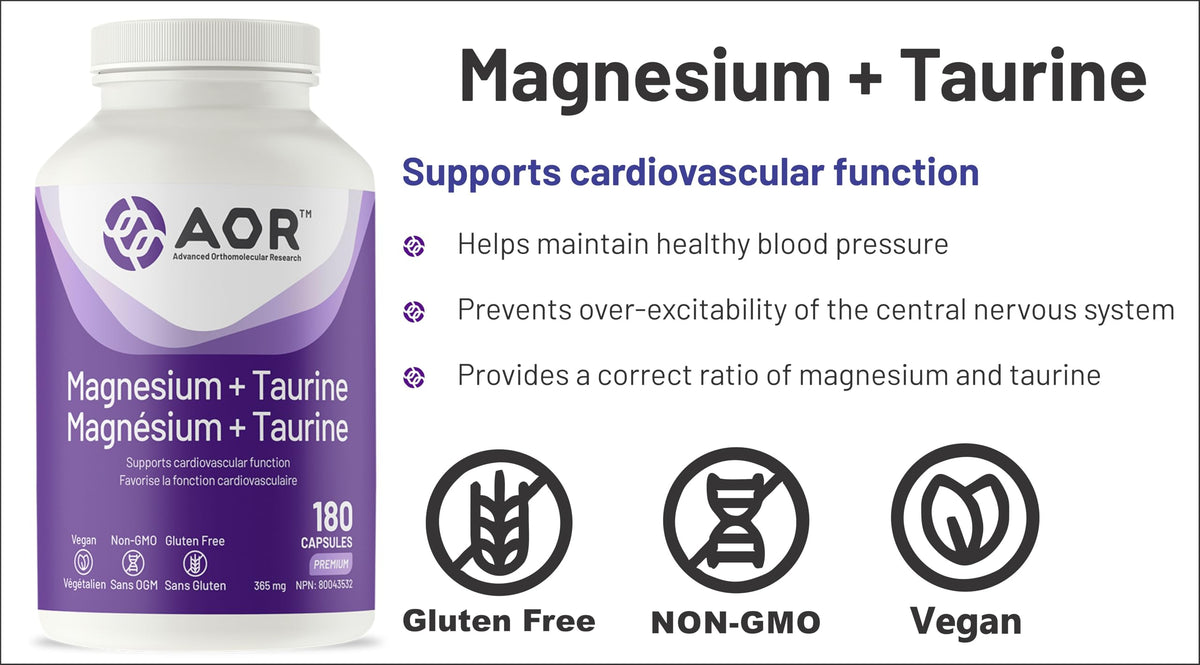 AOR Magnesium Taurine 365 mg Capsules, Gluten Free, 180 Caps, 36-Day Supply