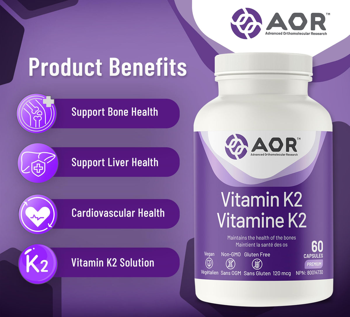 AOR Vitamin K2 MK-7 Vegan Capsules for Adults, MK-4 & MK-7, 60 Day Supply