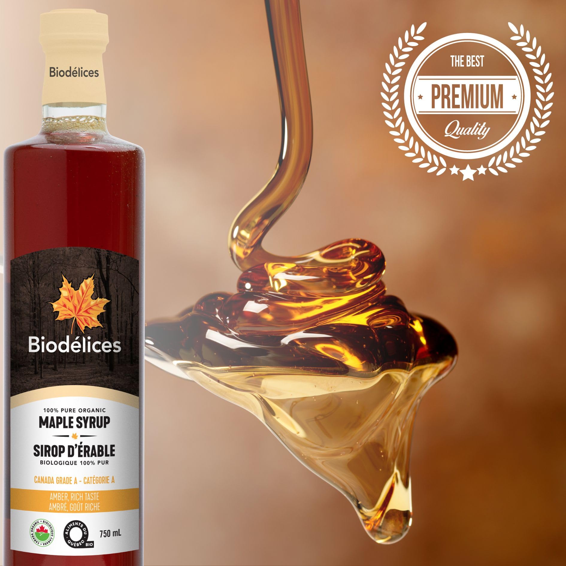 Biod√©lices - Pure Organic Maple Syrup 750ml - Grade A - Amber Rich Taste - Quebec's Finest in Elegant Maple Leaf Bottle - Ideal for Pancakes, Waffles Desserts, Baking Yogurt, Oatmeal & Salad Dressings