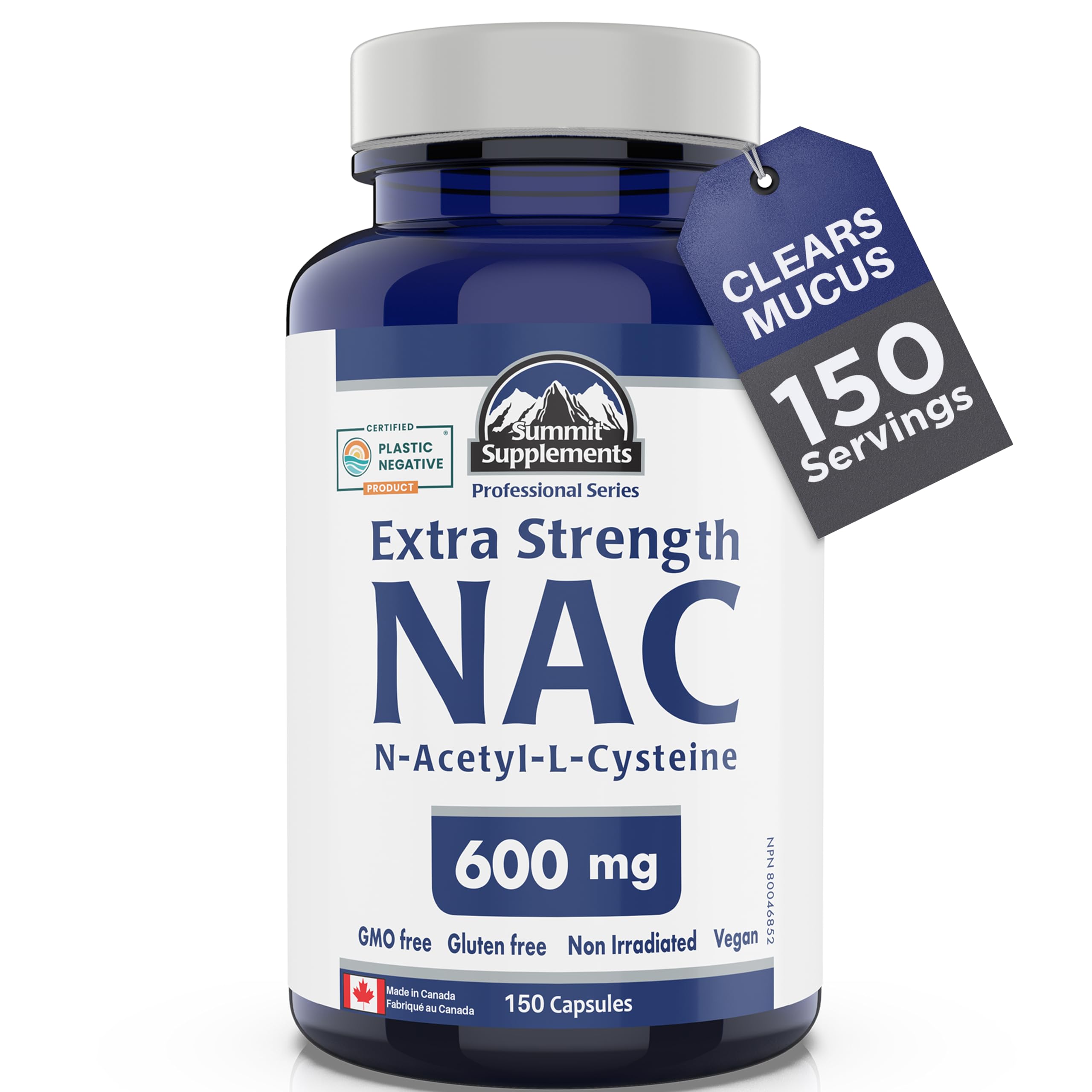 NAC Supplement 600mg, 150 Vegan Capsules, 150-Day Supply, Extra Strength N-Acetyl-L-Cysteine, Supports Antioxidant Protection & Liver Function, Non-GMO, Gluten-Free, Proudly Canadian, Plastic Negative