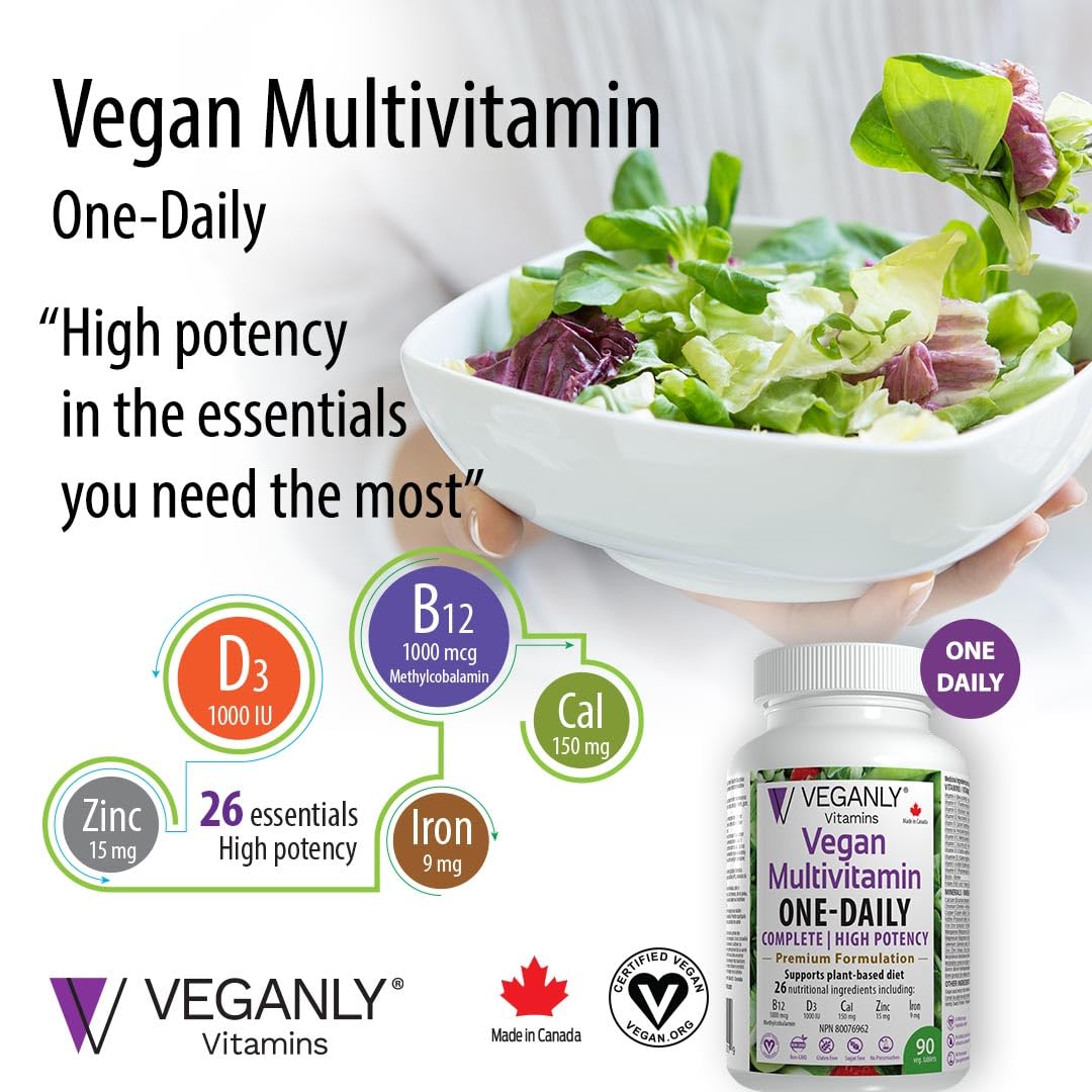VEGANLY Vegan Multivitamin One-Daily for Plant-based Diets. Canadian. High potency in B12, D3, Calcium, Iron, Zinc & more. 90 veg. tablets. Best for vegans and vegetarians. (NPN 80076962)