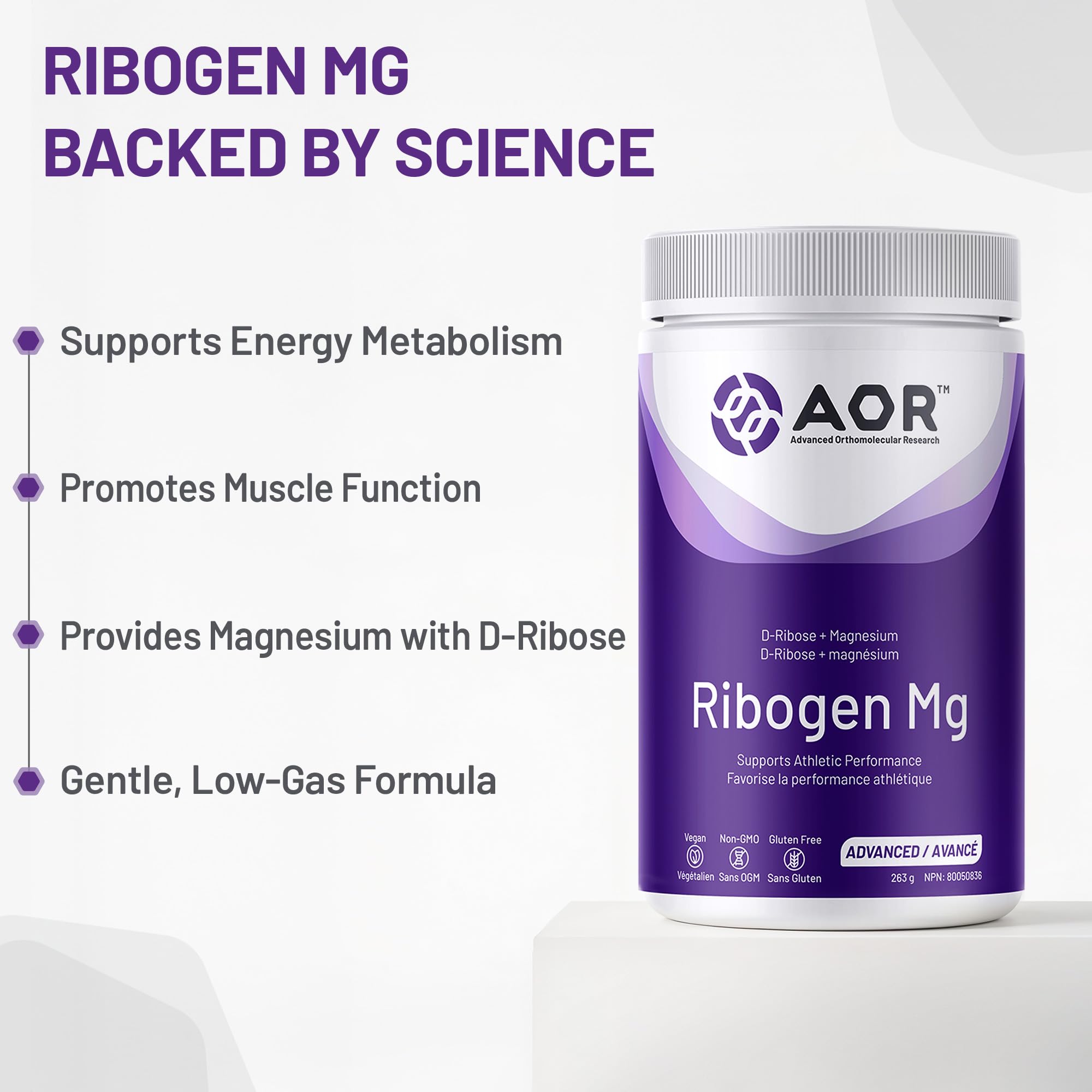 AOR Ribogen Mg 263g 105 portions – Poudre de citrate de magnésium avec D-Ribose, favorise les niveaux d'énergie et la performance physique, améliore la fonction musculaire, la récupération et la santé osseuse – Végétalien, sans OGM et sans gluten