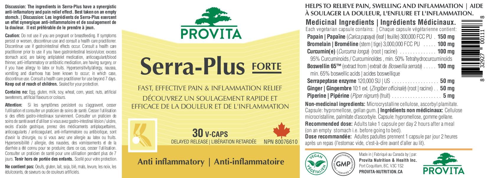 Serra-Plus fast relief for pain and inflammation, Canadian Made by Provita Nutrition