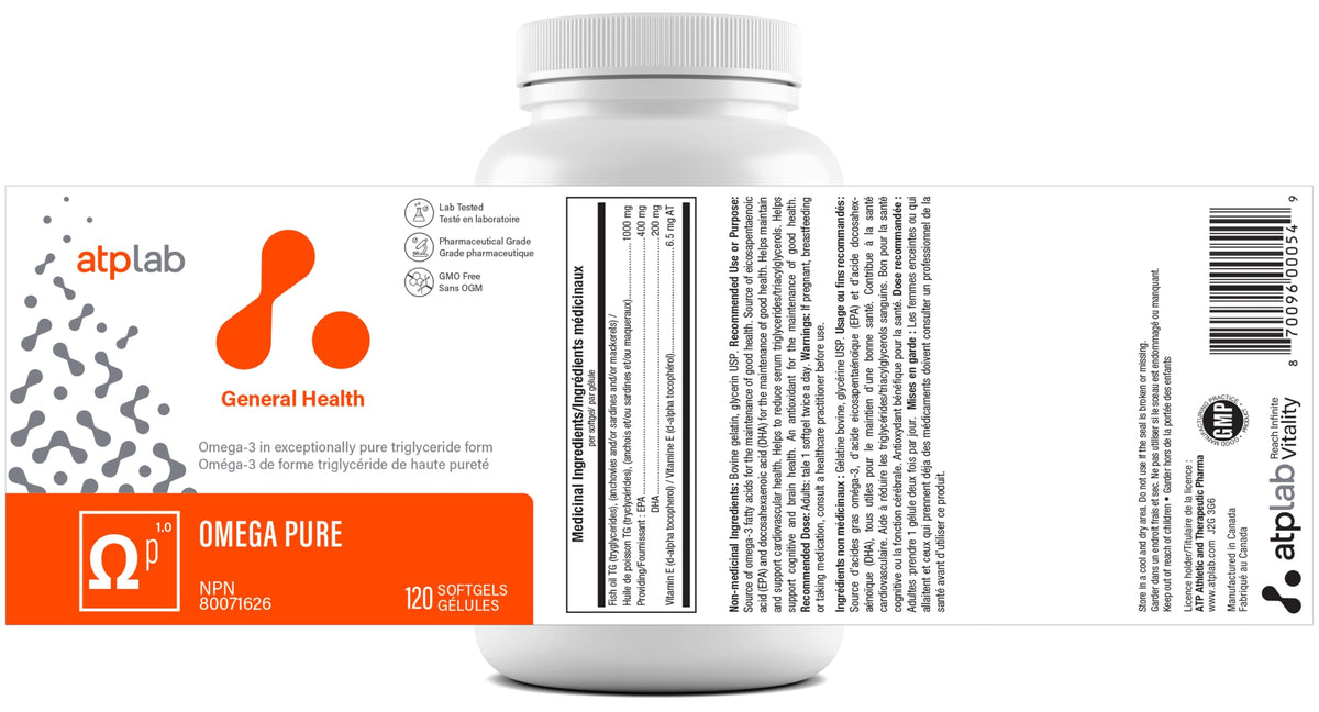 atplab Omega Pure Omega 3 Fish Oil, 400 mg EPA & 200 mg DHA, 120 Capsules