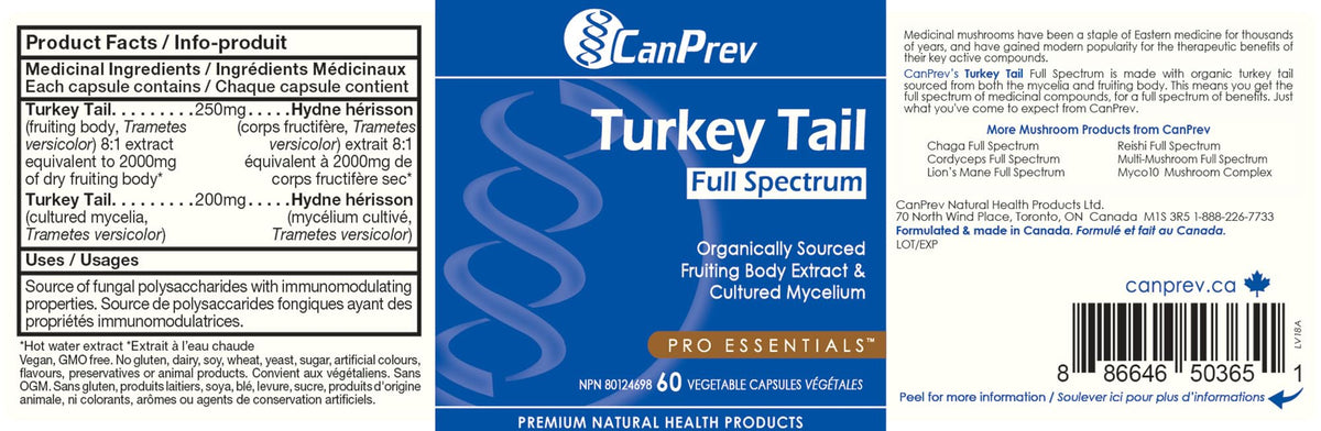 CanPrev Turkey Tail Mushroom Supplement, Organic, Vegan, 60 Veg Capsules