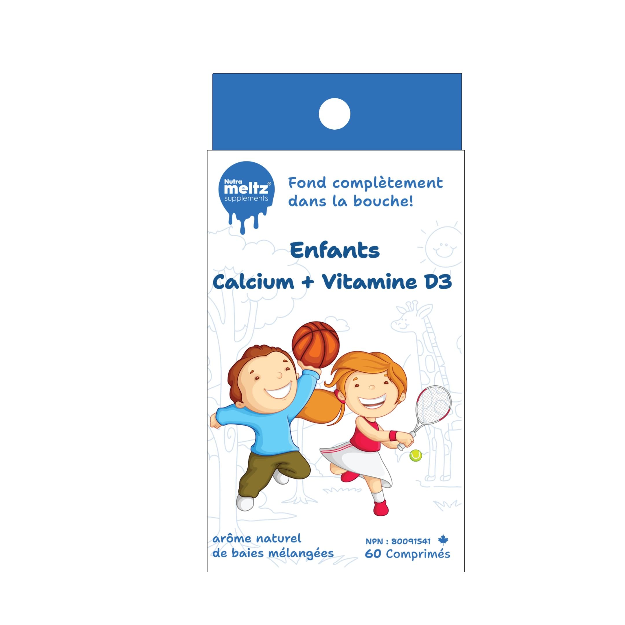 Nutrameltz Kids Calcium + Vitamin D3, 60 Fast-Dissolving Tablets 60-Day Supply - Mixed Berry Flavor, Supports Healthy Bone Strength, Growth and Development, Sugar, Gluten, Dairy-Free, Made in Canada