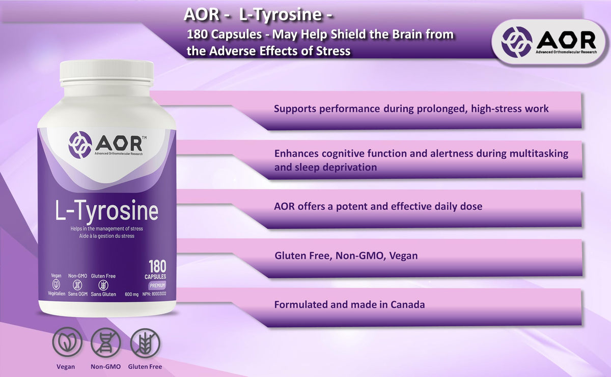 AOR L Tyrosine Capsules, 600 mg, Gluten Free, 180 Capsules, 30 Day Supply