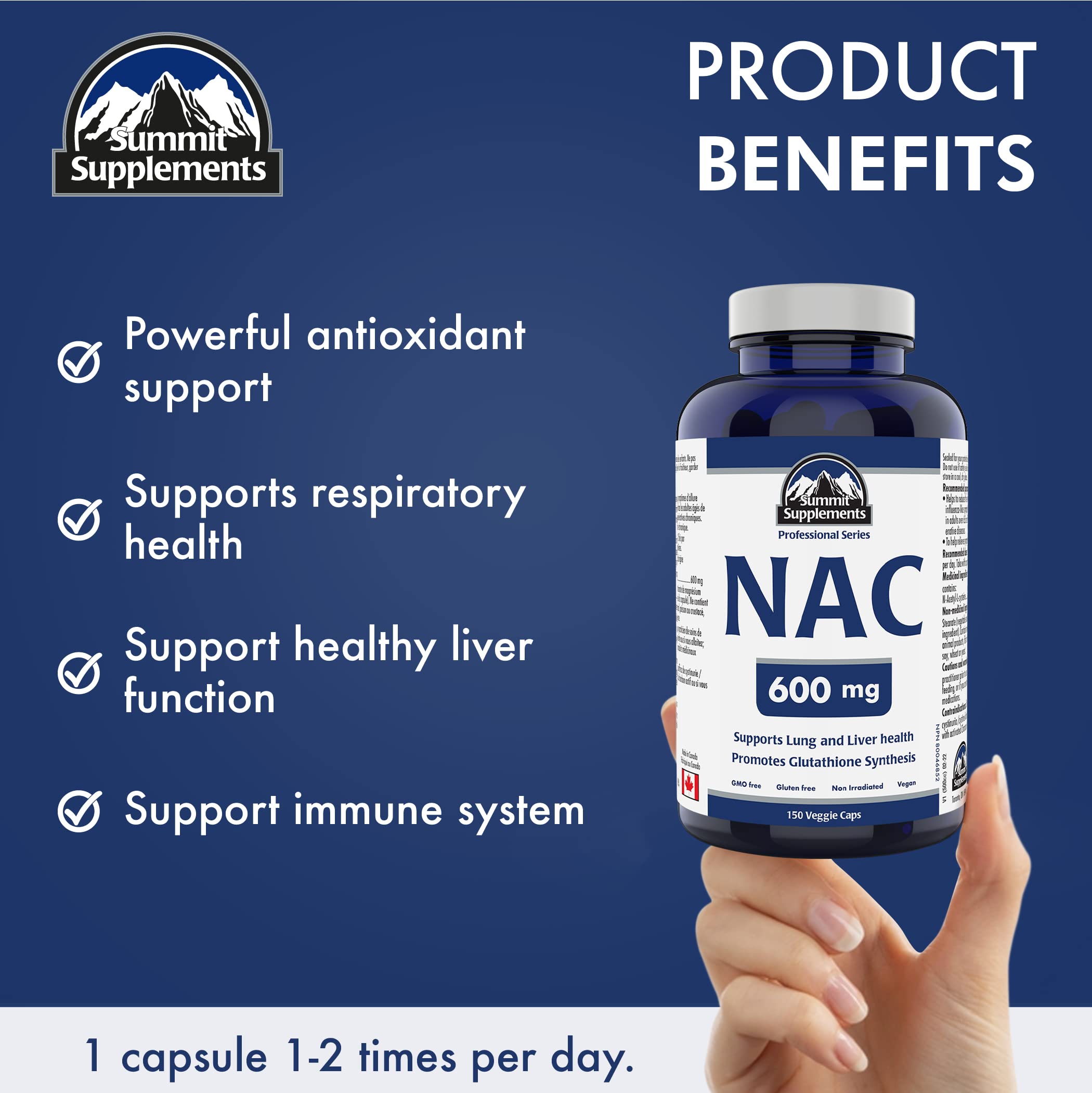 NAC Supplement 600mg, 150 Vegan Capsules, 150-Day Supply, Extra Strength N-Acetyl-L-Cysteine, Supports Antioxidant Protection & Liver Function, Non-GMO, Gluten-Free, Proudly Canadian, Plastic Negative