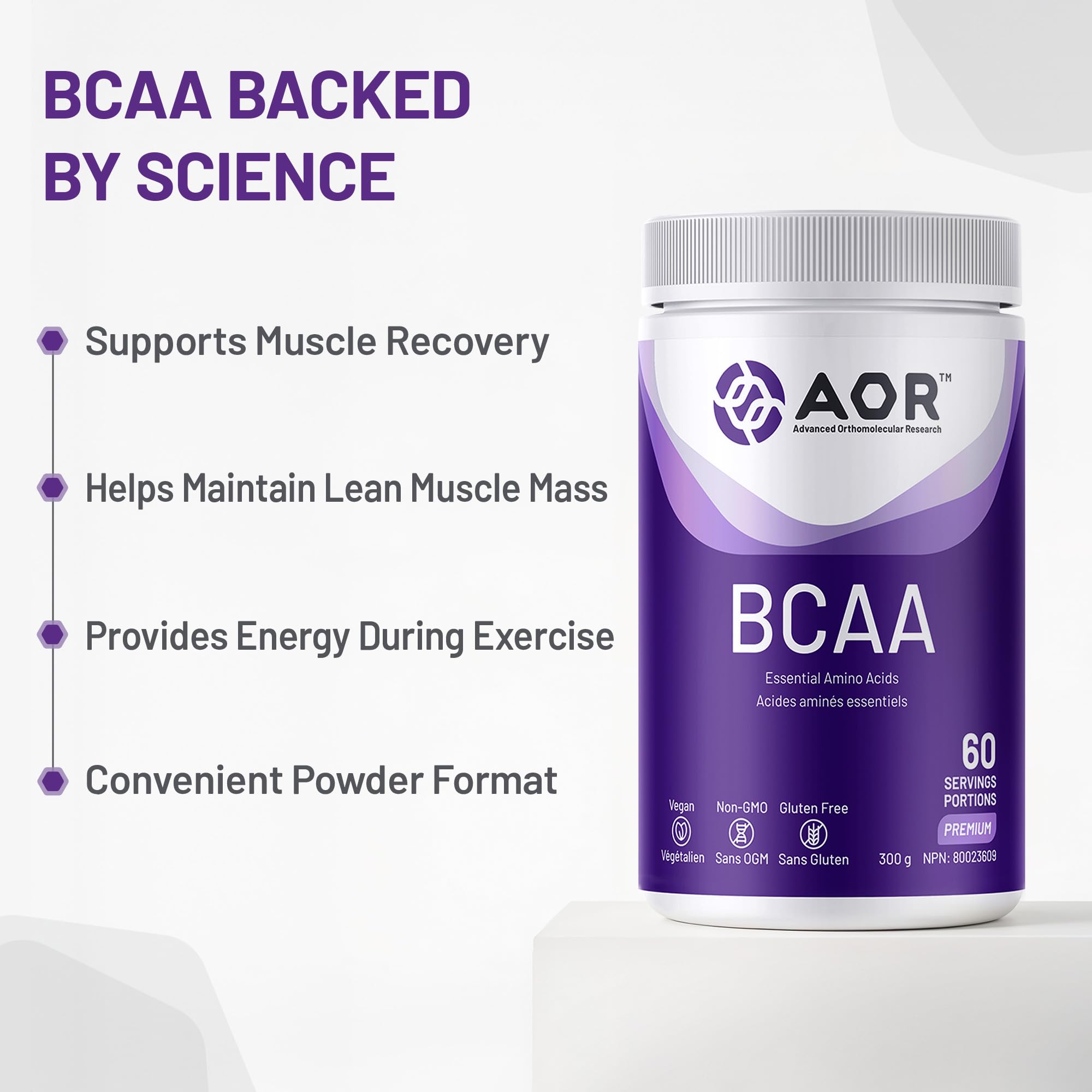 AOR BCAA 5000mg, 300g Poudre 60 portions - Complément d'acides aminés à chaîne ramifiée avec L-Leucine, L-Valine, L-Isoleucine, Soutien pour la récupération après l'entraînement, l'énergie et la performance - Végétalien, Sans OGM, Facile à mélanger