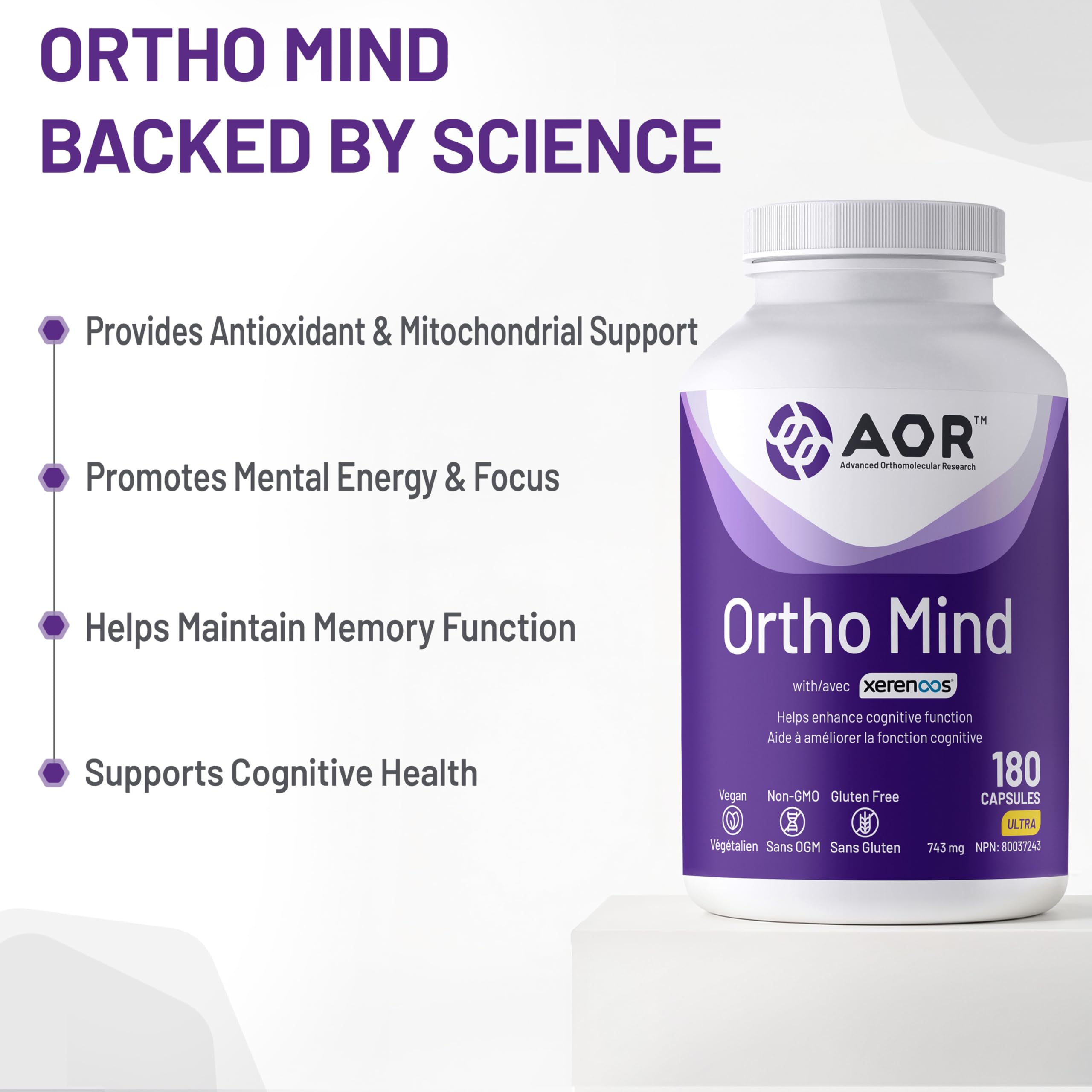 AOR Ortho Mind Soutien cognitif, 180 capsules, approvisionnement de 30 jours – Soutient la concentration et la clarté mentale – Végétalien, sans OGM et sans gluten – Ginseng, acétyl L-carnitine, acide alpha-lipoïque, vitamine pour le soutien cérébral