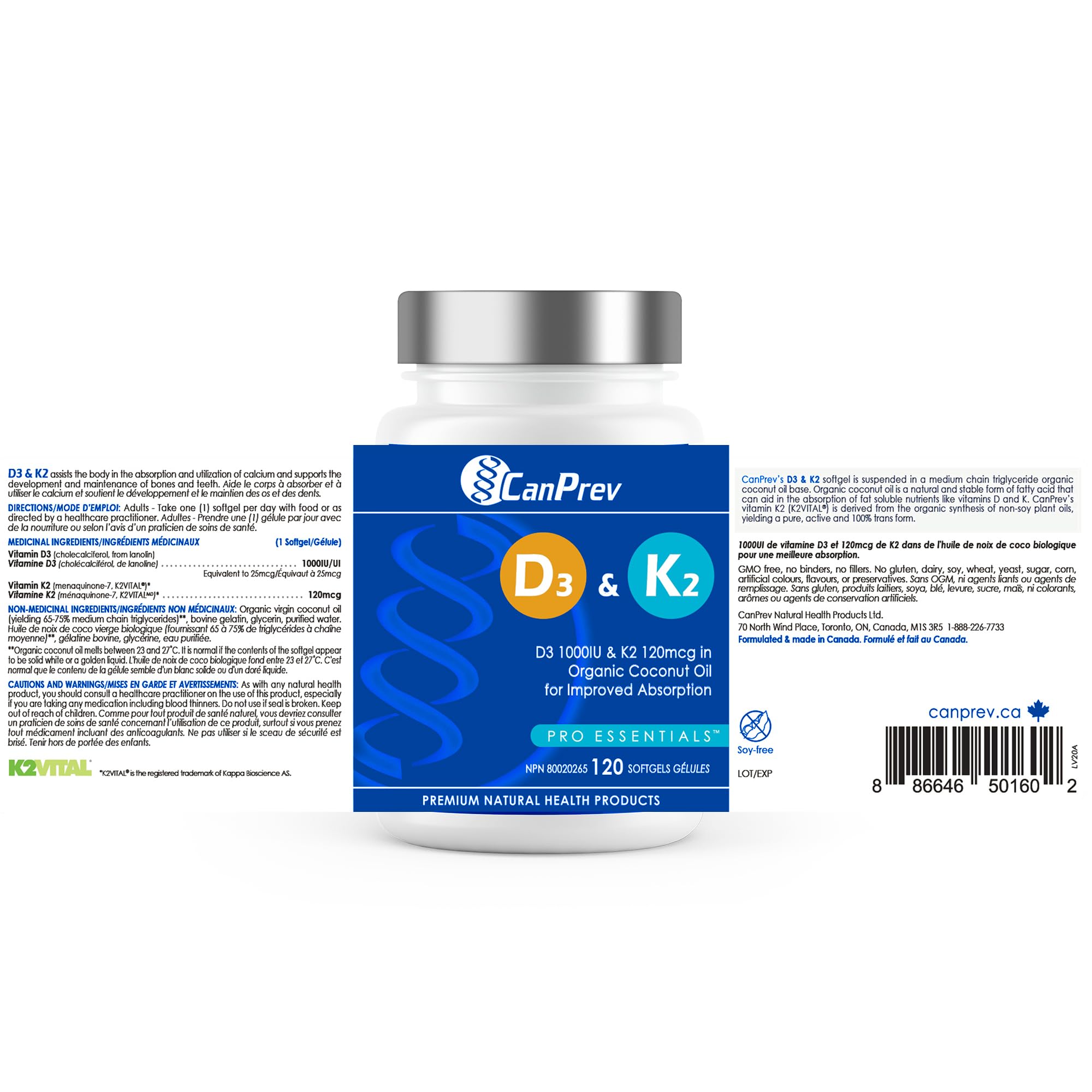 CanPrev D3 & K2 - Huile de coco biologique l Aide à la formation et au maintien de la santé osseuse l Avec vitamine D3 et K2