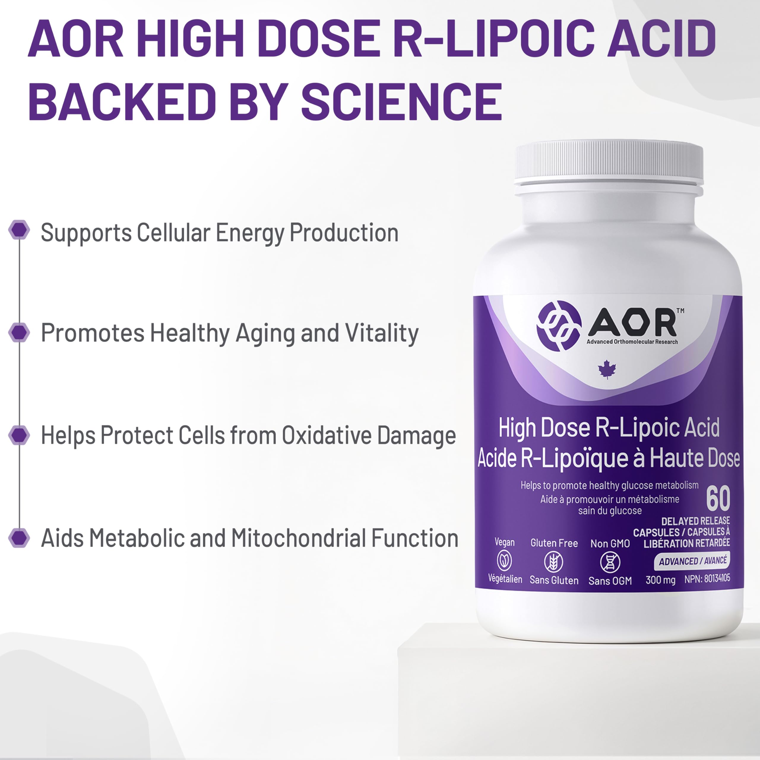 AOR High Dose R-Lipoic Acid 300mg 60 Capsules - Vegan & Gluten-Free Alpha Lipoic Acid Supplement, Support Antioxidant, Carbohydrate Metabolism, Digestive Wellness, Promote Liver Function