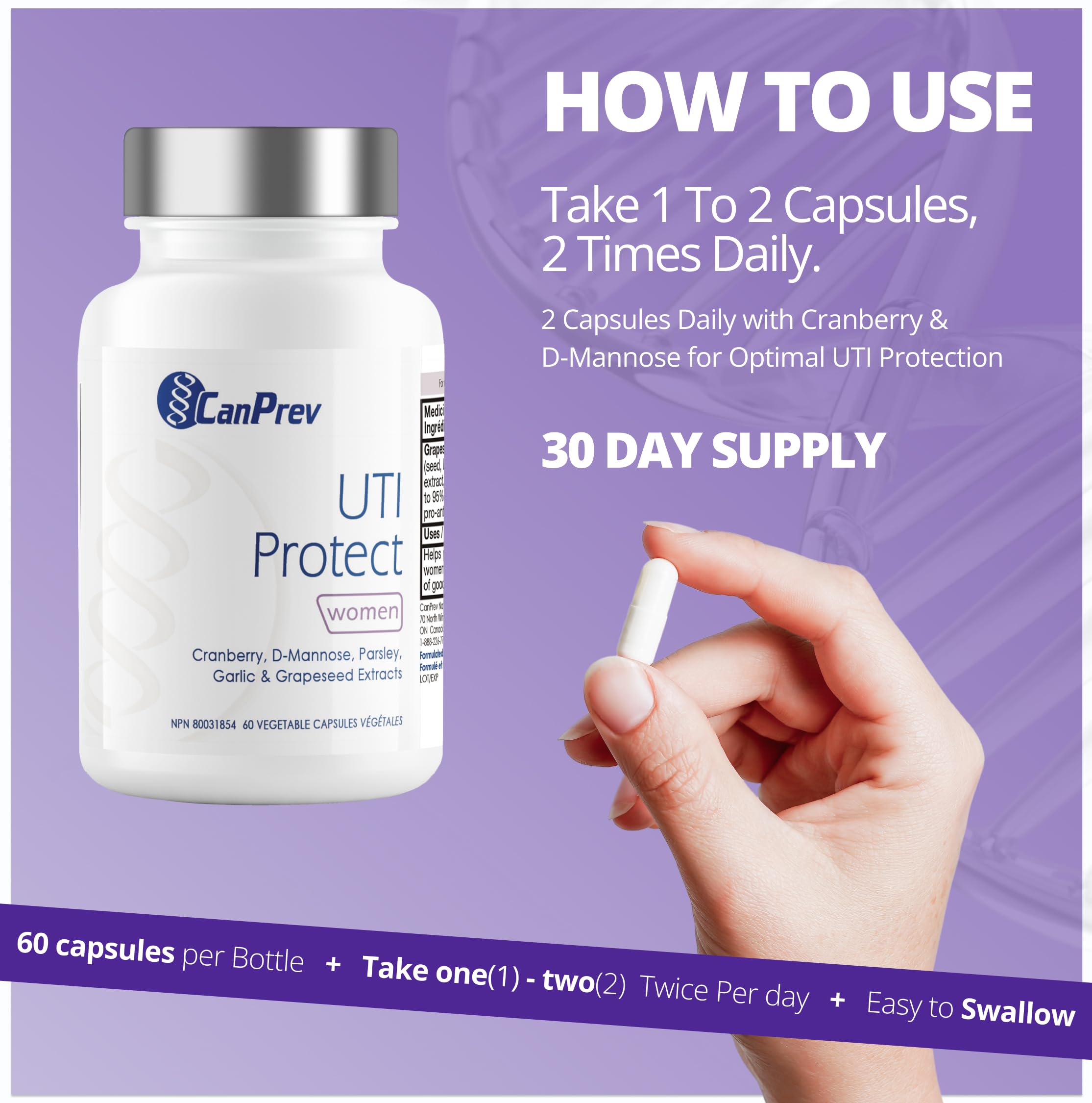 CanPrev UTI Protect, 60 Capsules 30-Day Supply - D-Mannose for Bladder Support with Cranberry, Parsley, Garlic & Grapeseed Extracts, Promotes Bladder Comfort & Urinary Tract Wellness - Vegan & Non-GMO