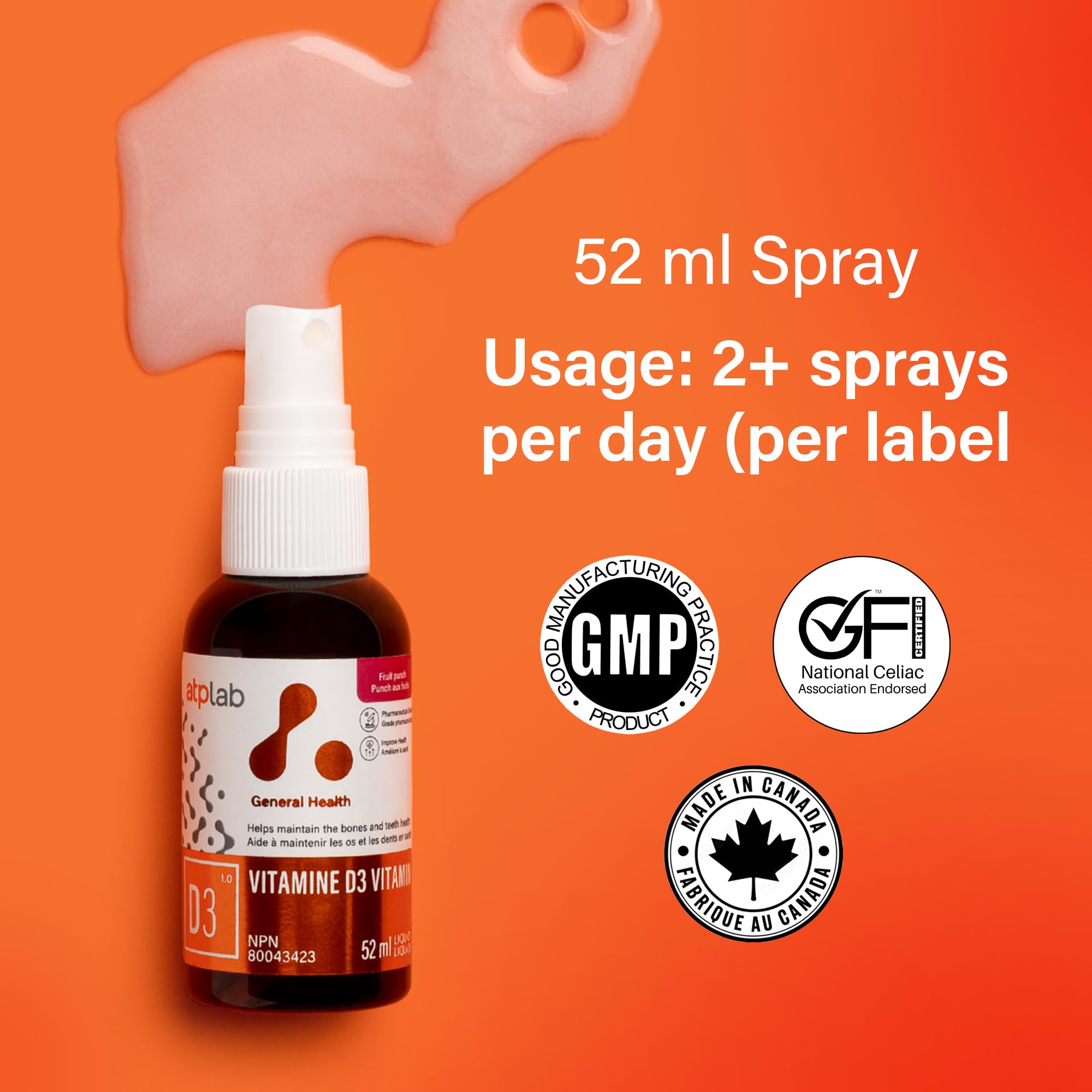 ATP LAB - Vitamine D3 1000 UI Spray Oral 52 ml 185 Portions - Supplément de Vitamine D3 pour la Santé des Os et des Dents - Spray de Vitamine D pour Adultes - Testé par une Tierce Partie - Formulé et Fabriqué au Canada