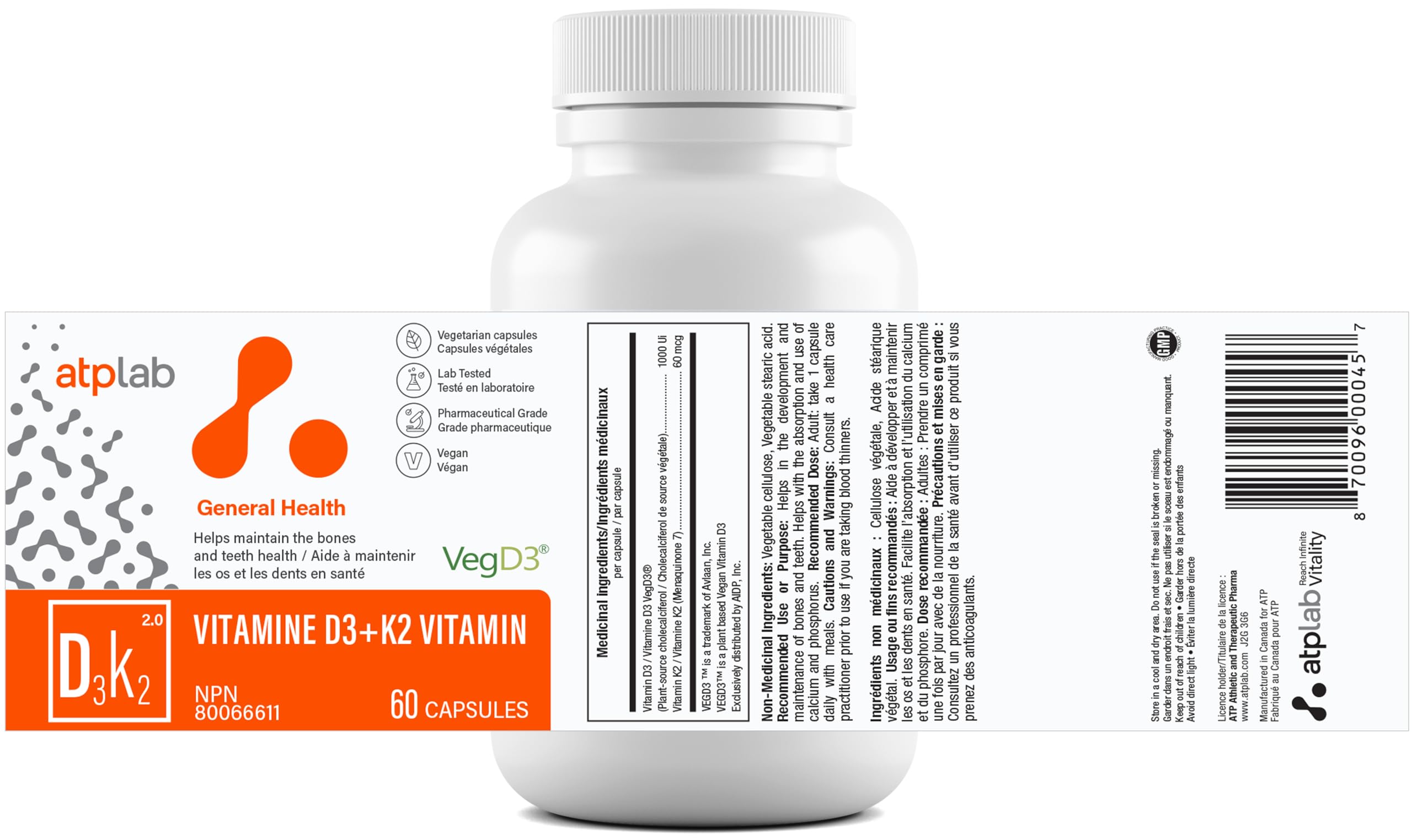 ATP LAB - Vitamine D3 K2 60 Gélules Fourniture de 60 Jours - Complément de Vitamines K2 MK-7 D3 - Os Sains, Dents Saines, Muscles Sains - Complément de Vitamines K2 D3 - D3 K2 Végétalien
