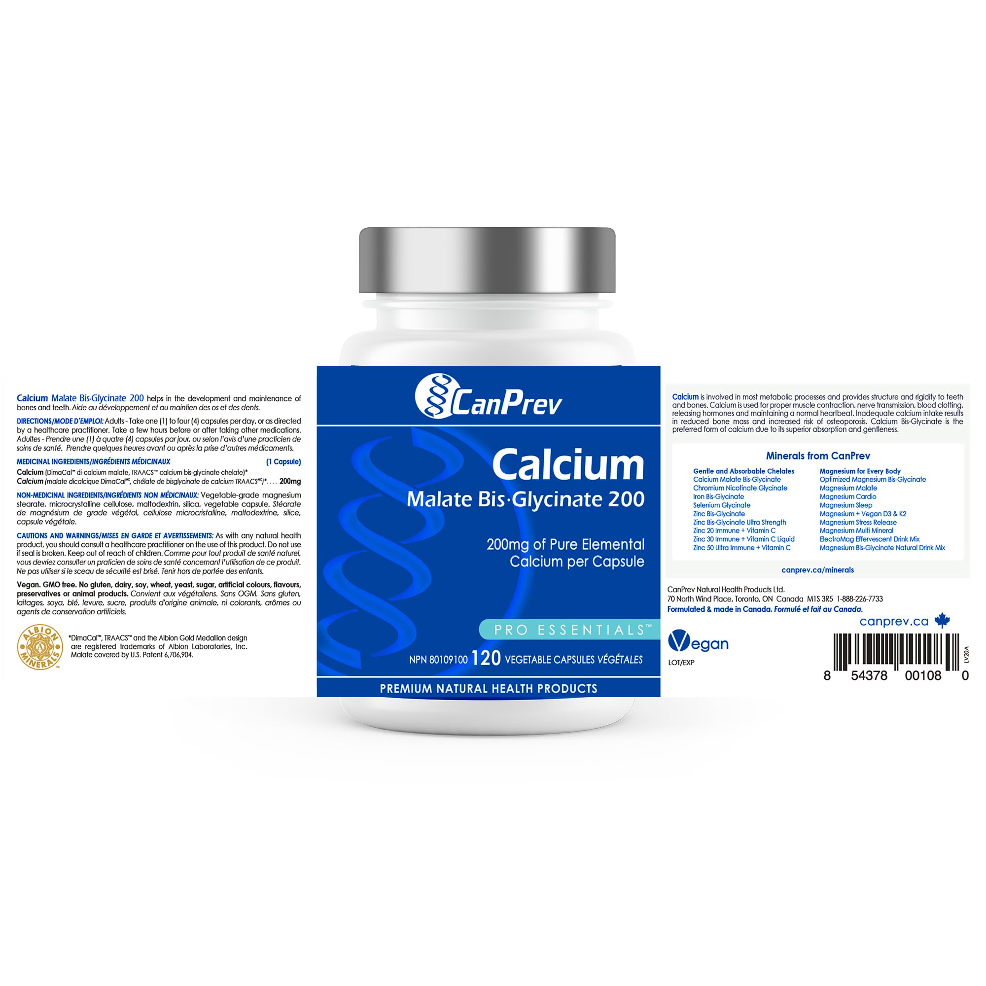 CanPrev Calcium Malate Bis-Glycinate Supplement, 120 Capsules 120-Day Supply - Therapeutic 200mg Elemental - Ideal for Healthy Bones, Teeth, Muscle Cramps and Promote Relaxation - Vegan and Non-GMO