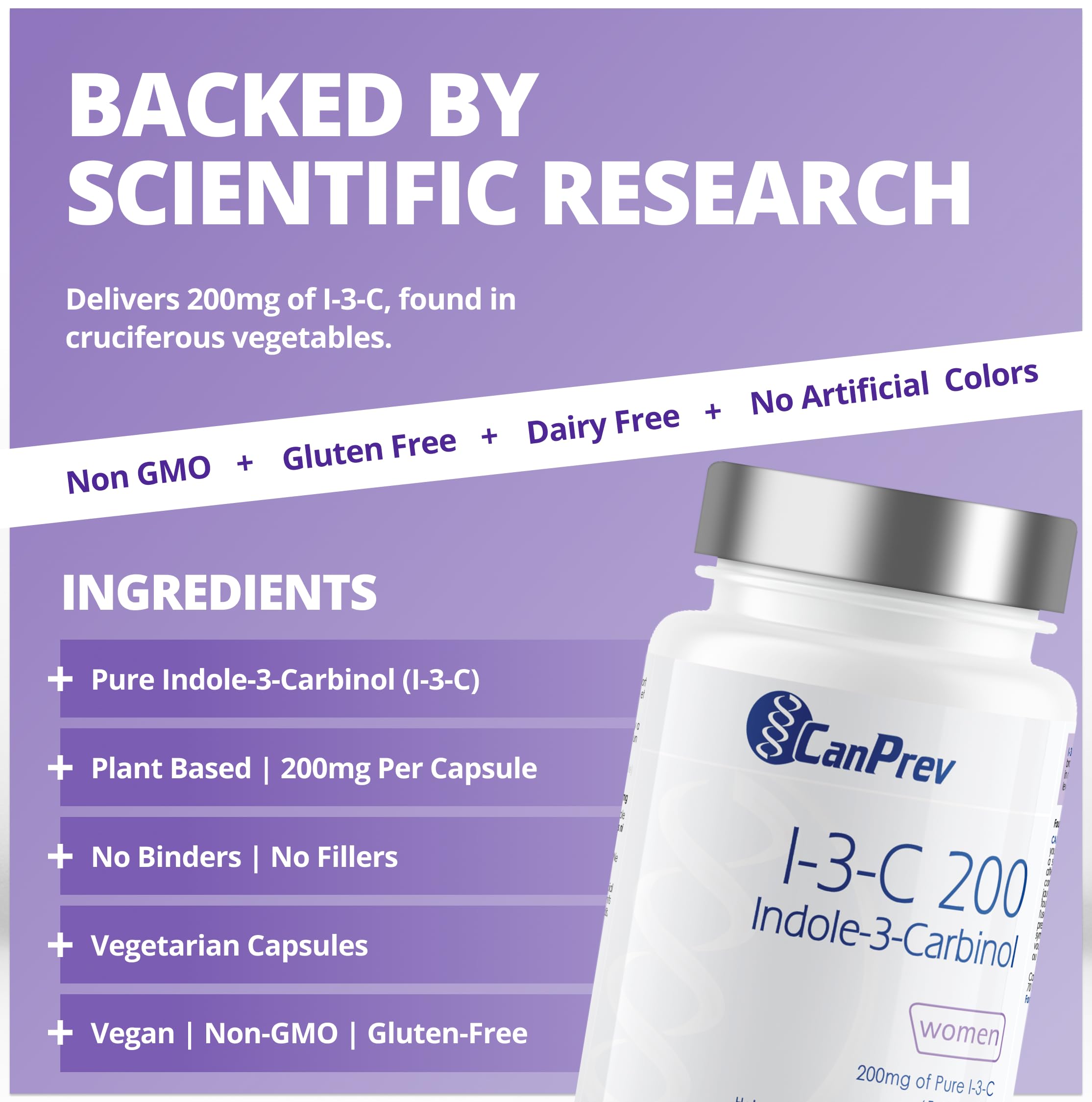 CanPrev Indole-3-Carbinol 200mg, 90 V-Caps, 90 jours d'approvisionnement - Supplément de soutien hormonal pour femmes, favorise l'équilibre œstrogénique, soutient la santé de la peau et des seins, soutien antioxydant - Convient aux végétaliens