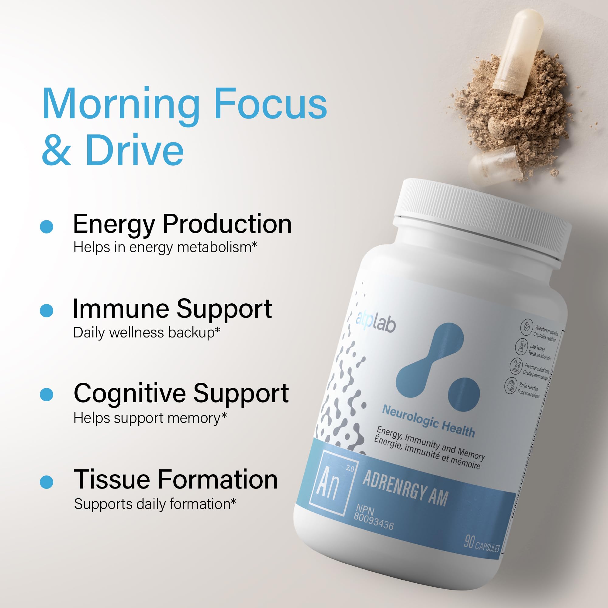 ATP LAB AdrenRGY AM, 90 gélules, 30 jours, Soutien quotidien avec Vitamine B5, B12, C, Ashwagandha KSM-66, Rhodiole et Éleuthérocoque, Soutient l'équilibre du cortisol, la fonction surrénalienne, le métabolisme et la fonction immunitaire