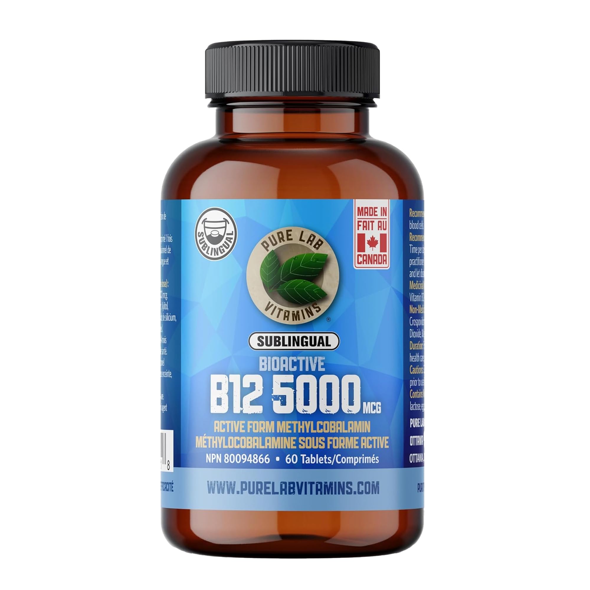 Pure Lab Vitamins B12 BioActive 5000 mcg - Sans lactose, sans sucre