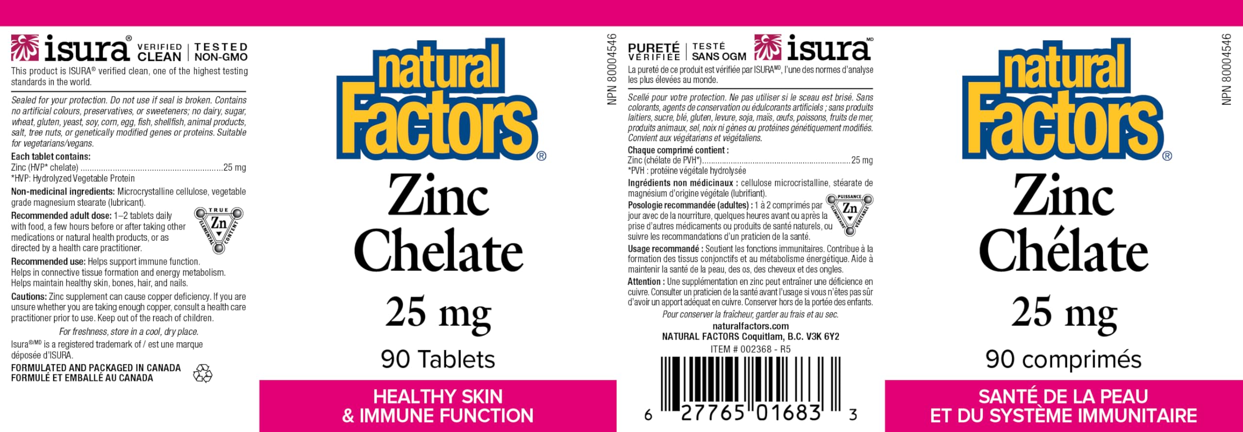 Natural Factors Zinc Chelate 25 mg, 90 Tablets, Healthy Skin & Immune Support, Zinc Supplements, Proudly Canadian