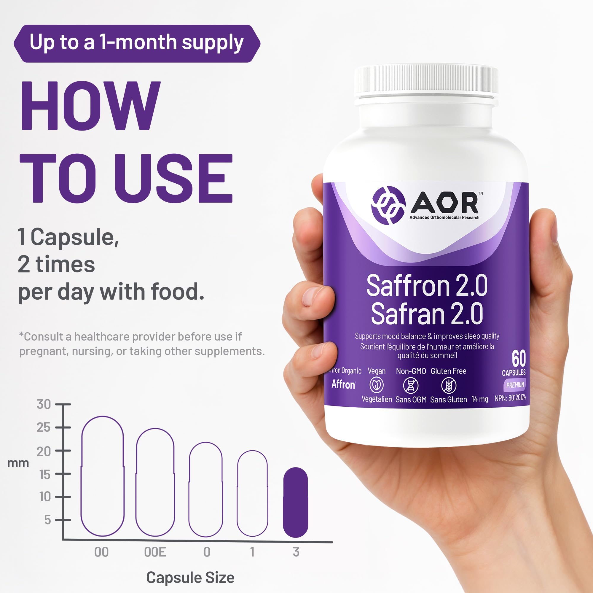 AOR - Saffron 2.0 Supplément, 60 gélules pour 30 jours - Favorise l'équilibre émotionnel, améliore la qualité du sommeil, la concentration et la clarté mentale, la vision et la santé oculaire - Végane, sans OGM et sans gluten