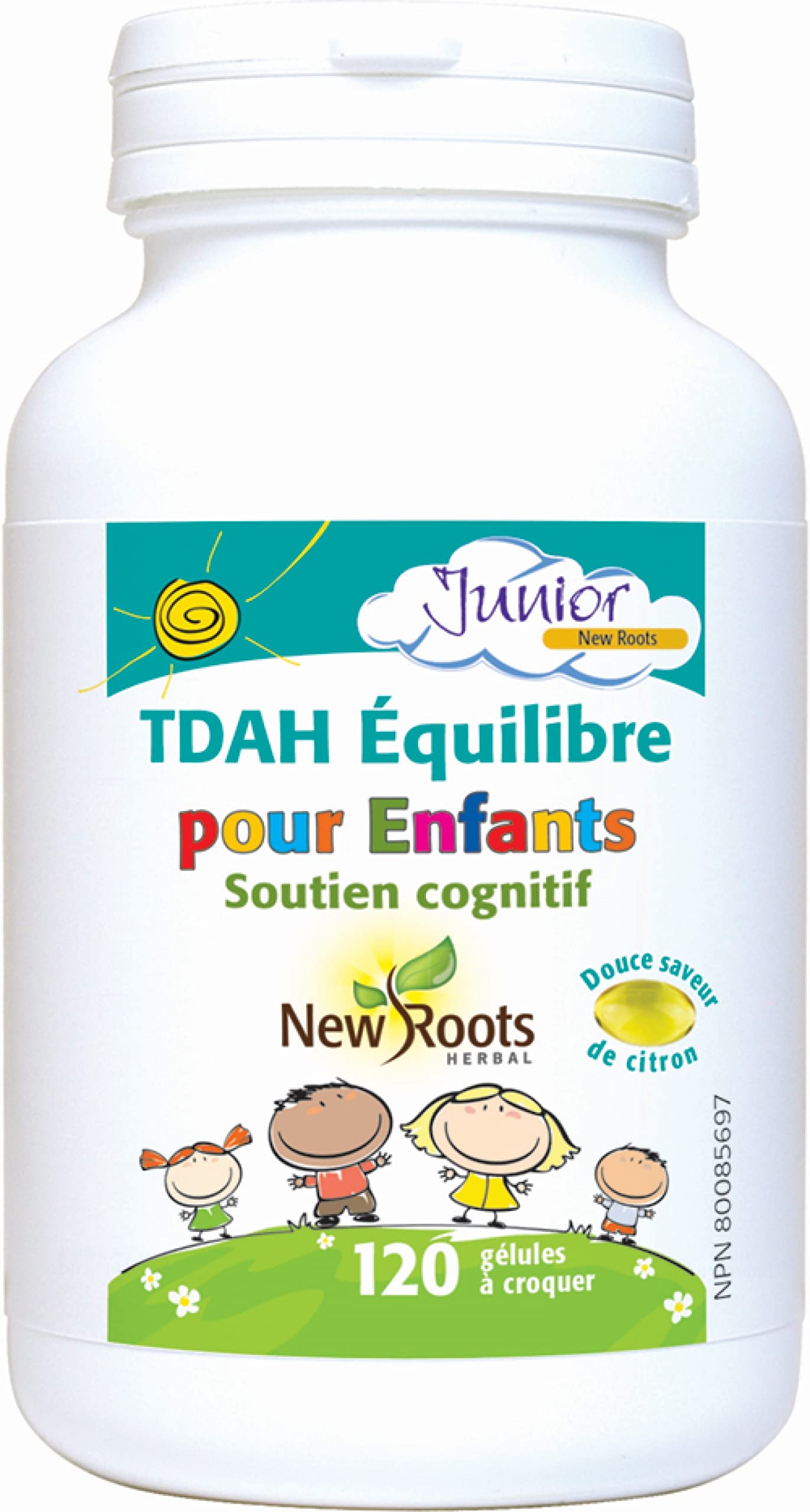 New Roots Herbal Équilibre TDAH pour Enfants, 120 gélules à croquer, 30 jours, Oméga-3 EPA DHA et Huile d'Onagre, Favorise la Concentration, la Santé Cognitive et l'Apprentissage, Saveur Citron