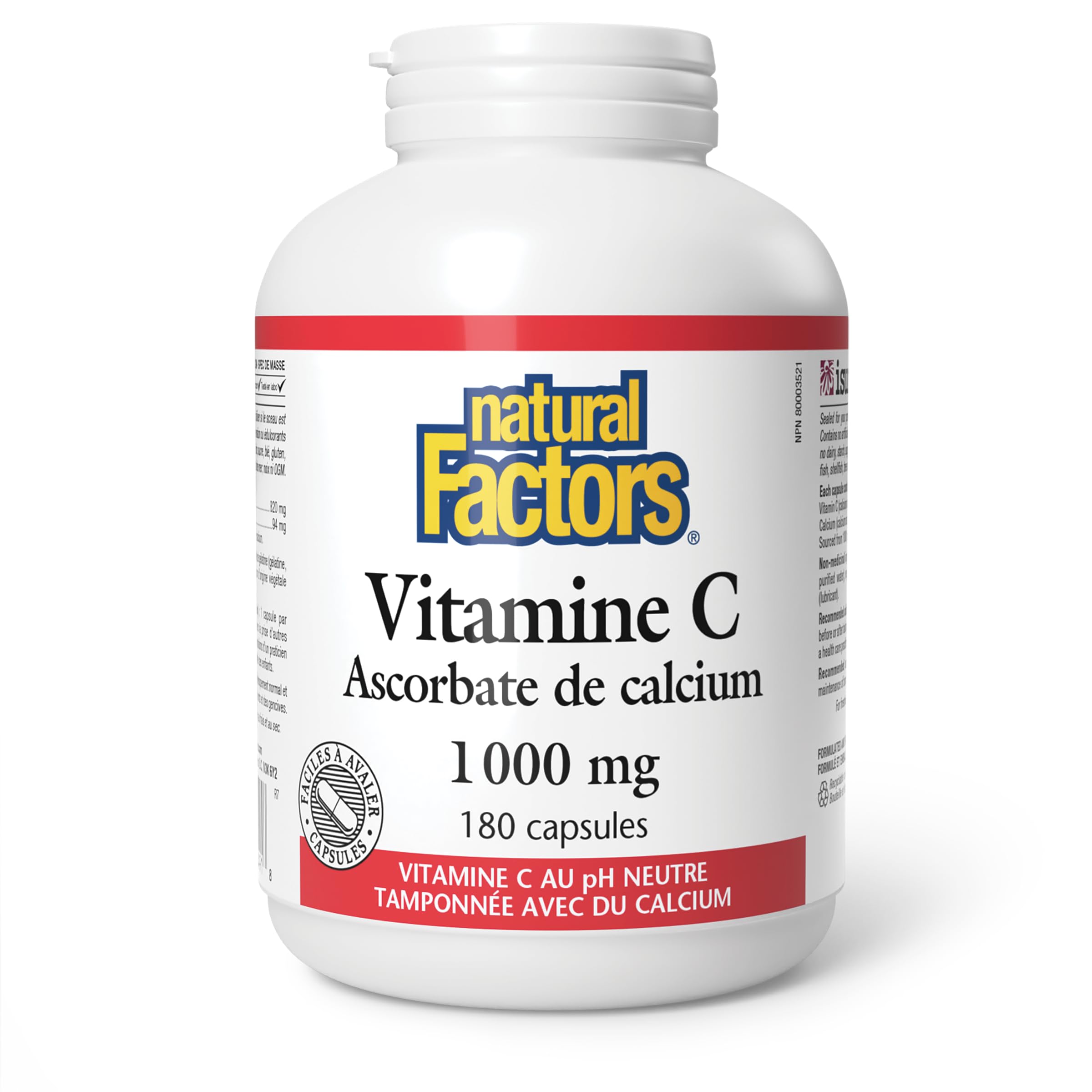 Natural Factors Vitamin C Calcium Ascorbate 1000 mg - 180 Capsules, HIGH POTENCY, pH Neutral Vitamin C Buffered with Calcium, Proudly Canadian