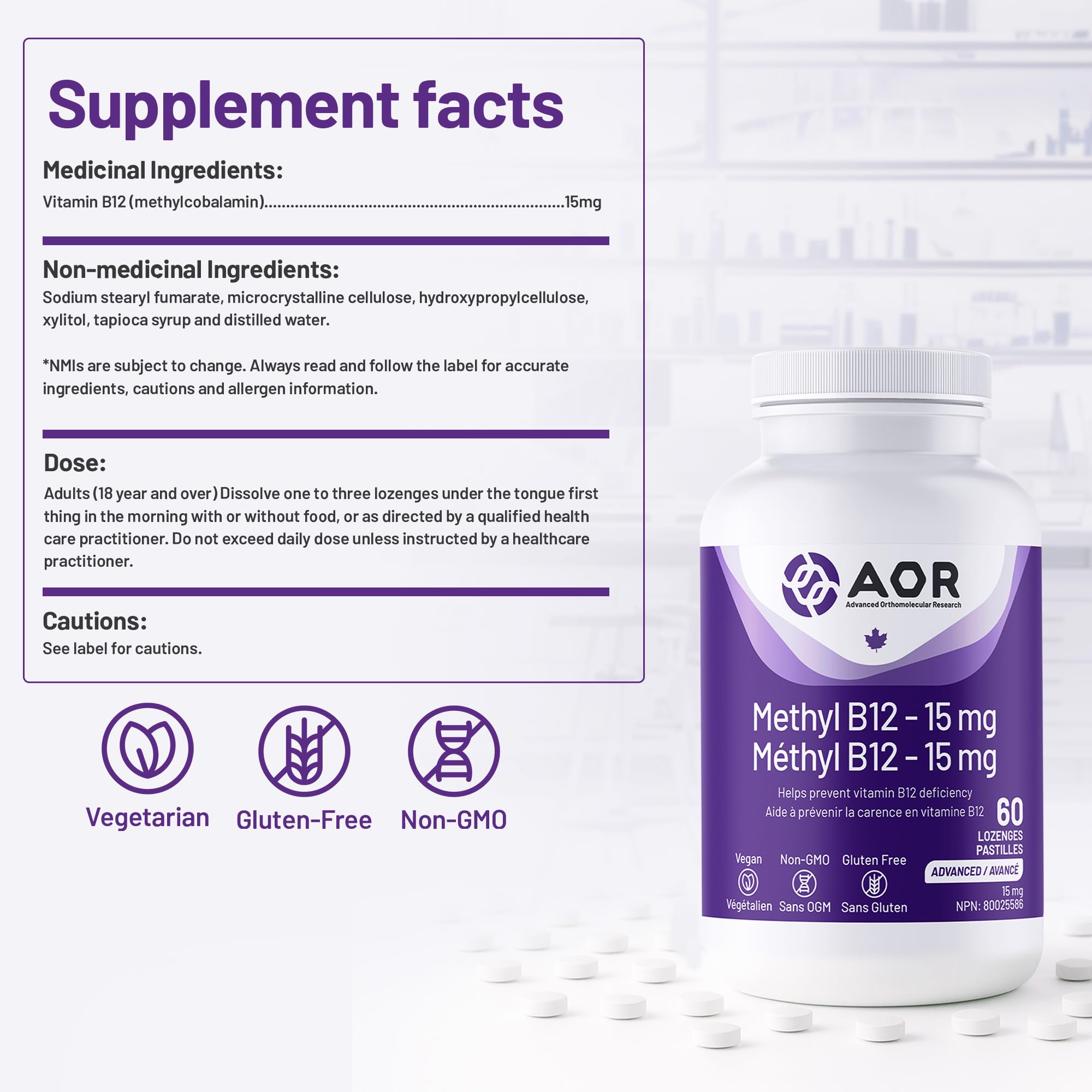 AOR - Méthyl B12, 60 pastilles - Vitamine B12 Méthylcobalamine - Complément favorisant la santé nerveuse - Supplément végétalien de B12 - Aide à prévenir la carence en vitamine B12 - Capsules de B12 méthylée