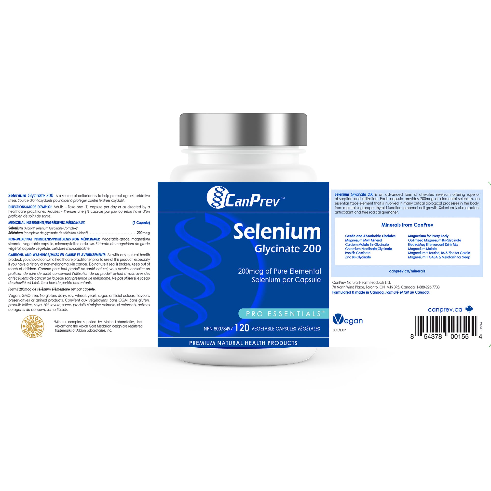 CanPrev Sélénium Glycinate Pur 200mcg, 120 V-Caps, Approvisionnement de 4 Mois, Oligo-élément Essentiel pour le Soutien Antioxydant, la Fonction Thyroïdienne et la Synthèse d'ADN, Aide à Maintenir la Santé de la Prostate - Convient aux Végétaliens