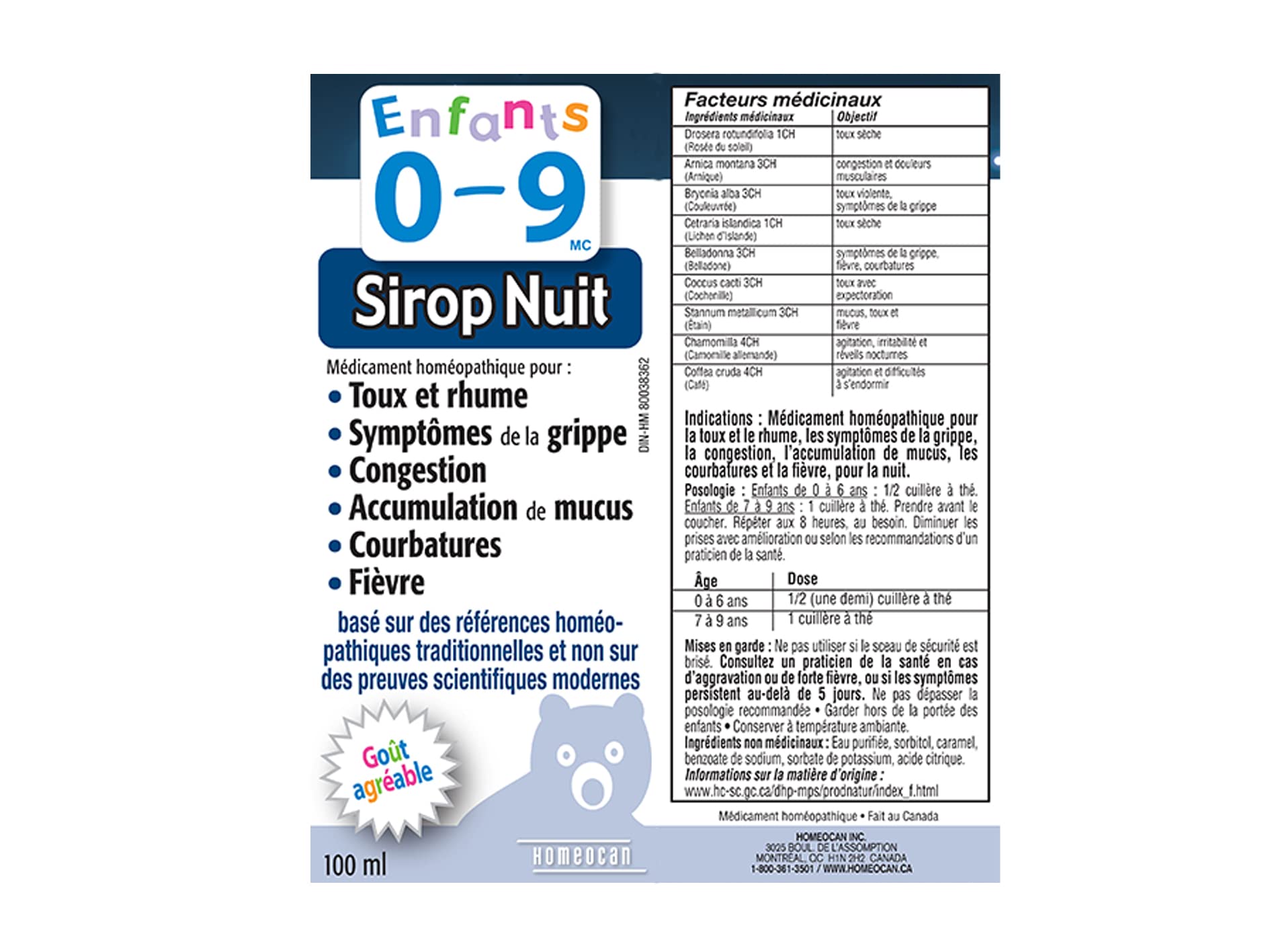 Sirop Nuit Enfants 0-9 ans, 100 ml - Soutien Doux Toux Sèche et Congestion, Soulage le mucus et l'Inconfort - Conçu pour les Tout-Petits et les Bébés - Soulagement Attentionné des Symptômes du Rhume chez les Enfants