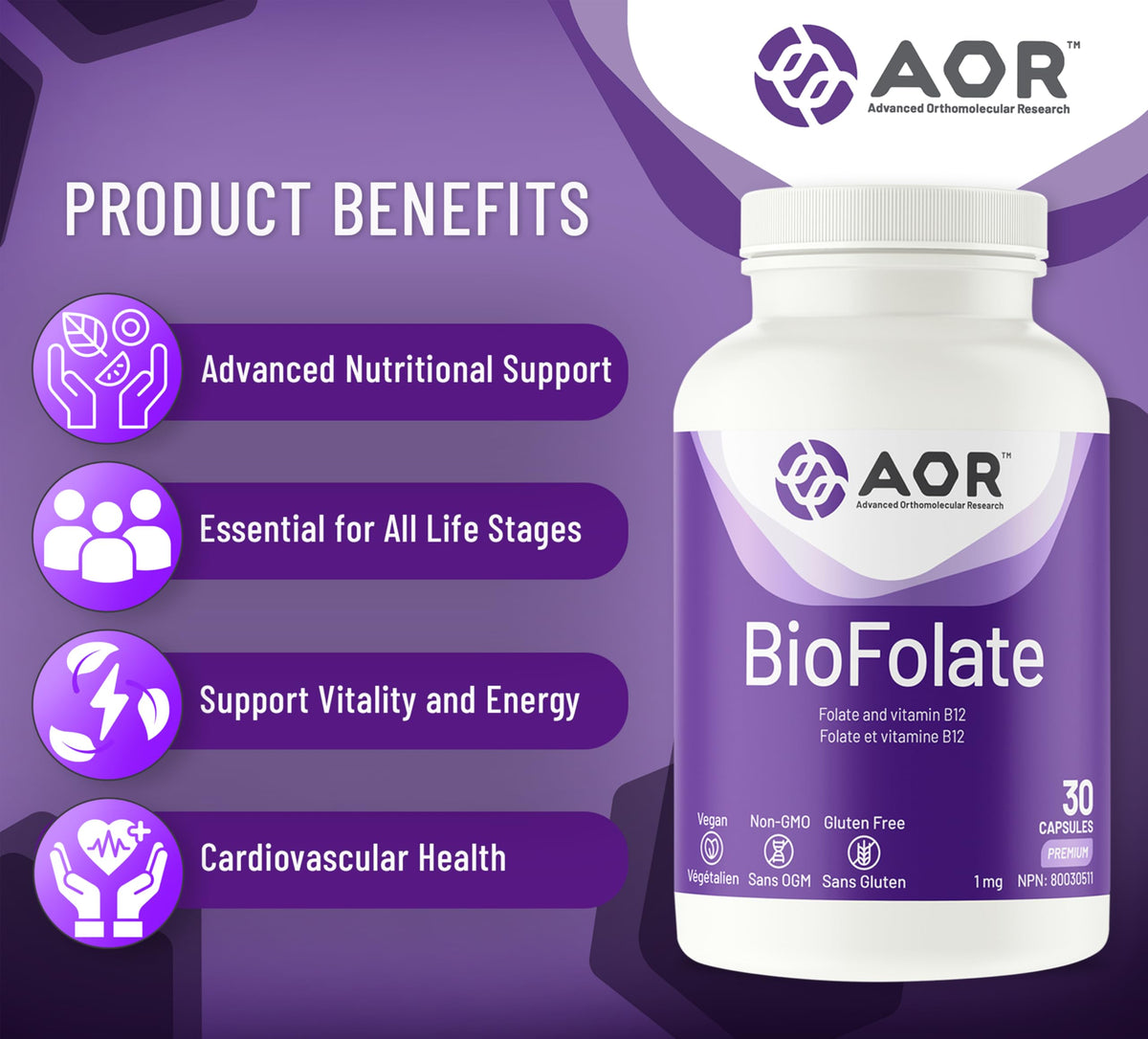 AOR BioFolate 1mg Methylfolate Supplement, B12, Vegan, Gluten Free, 30 Caps