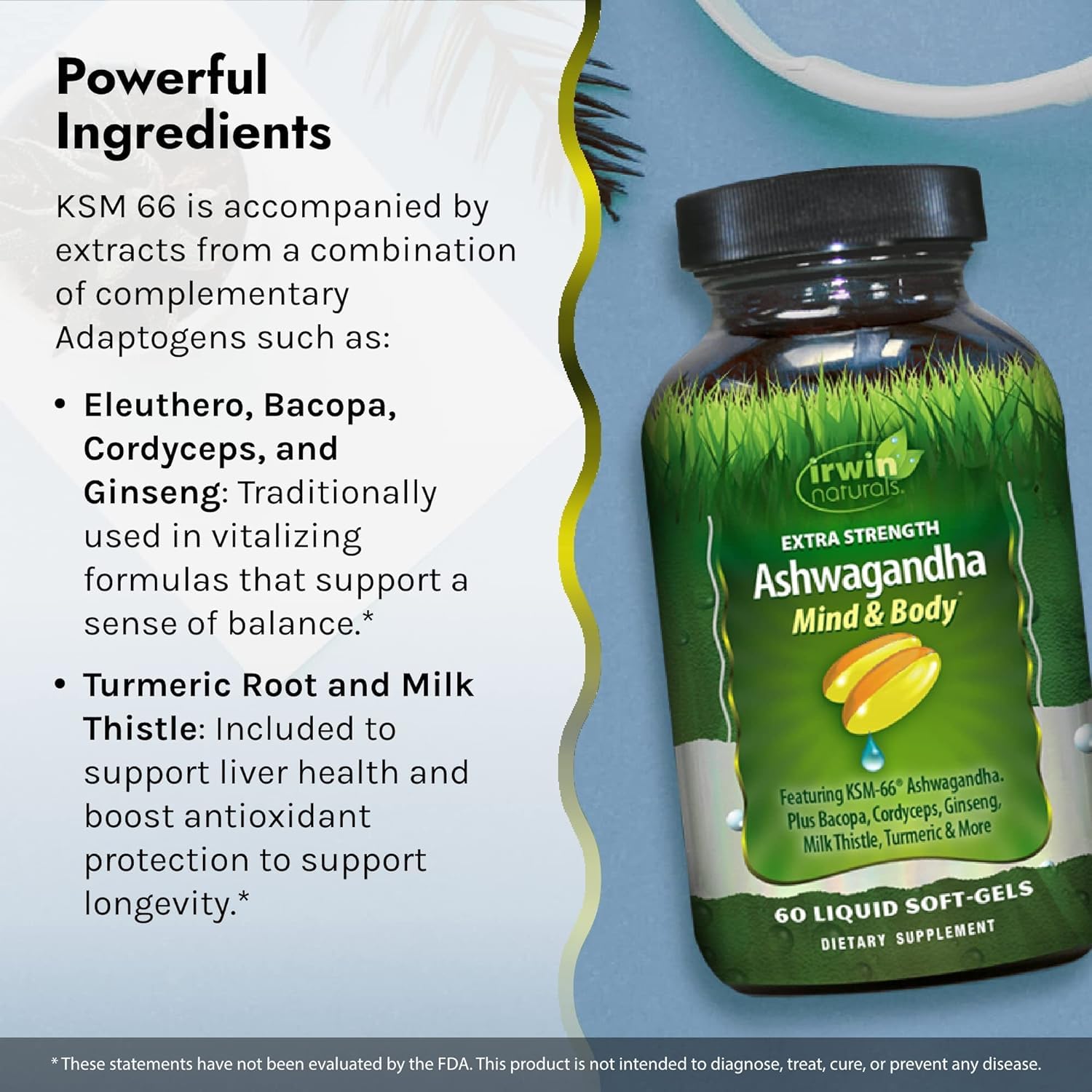 Irwin Naturals Extra Strength Ashwagandha - Organic Supplement for Stress Relief, Performance with Cordyceps, Turmeric, BioPerine & More, Best for Men and Women, 60 Liquid Softgels