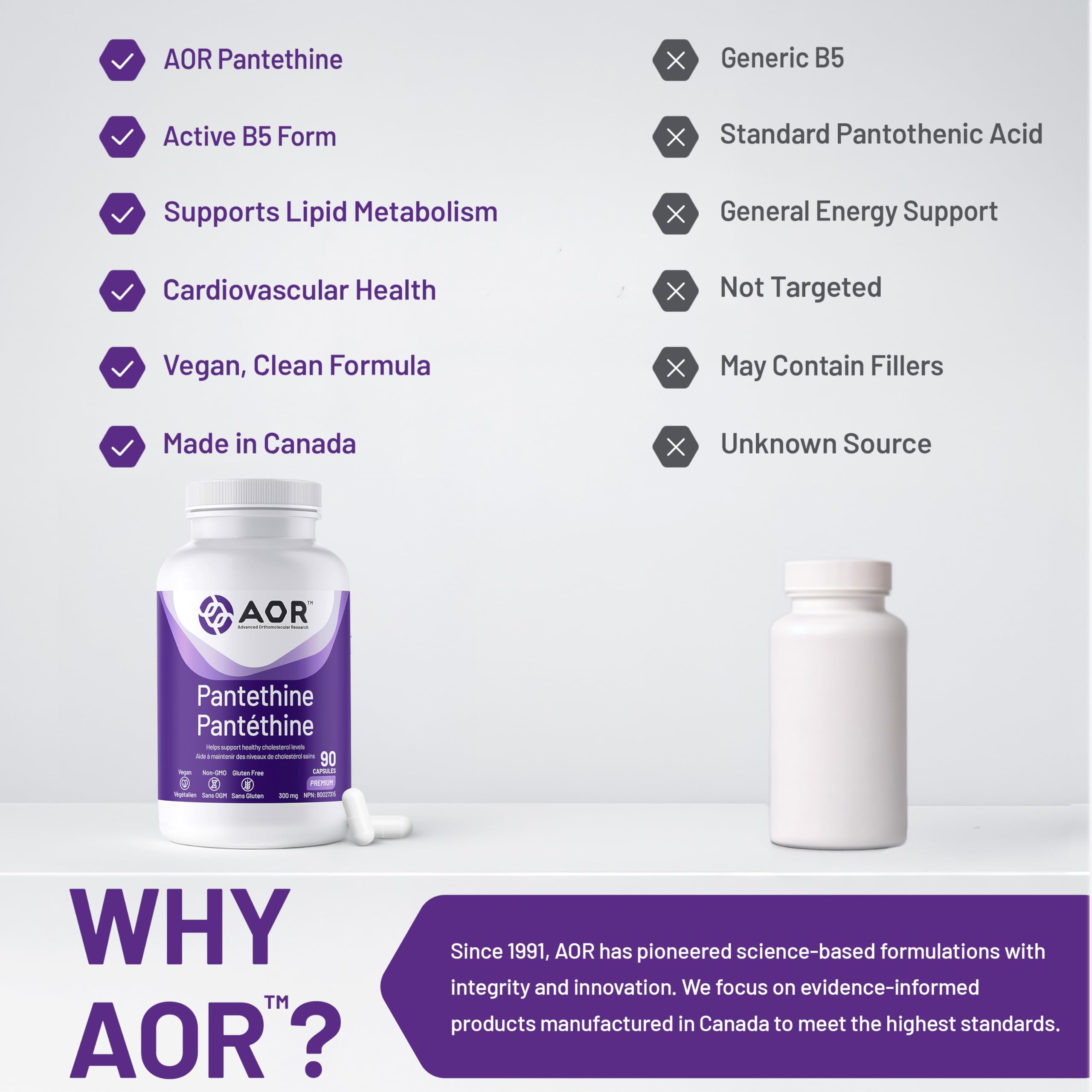 AOR - Pantéthine 300 mg Supplément végétalien, 90 capsules pour 30 jours - Forme active de vitamine B5 (acide pantothénique) - Soutient la fonction surrénale et le taux de cholestérol - Idéal pour le soin du foie et le bien-être général