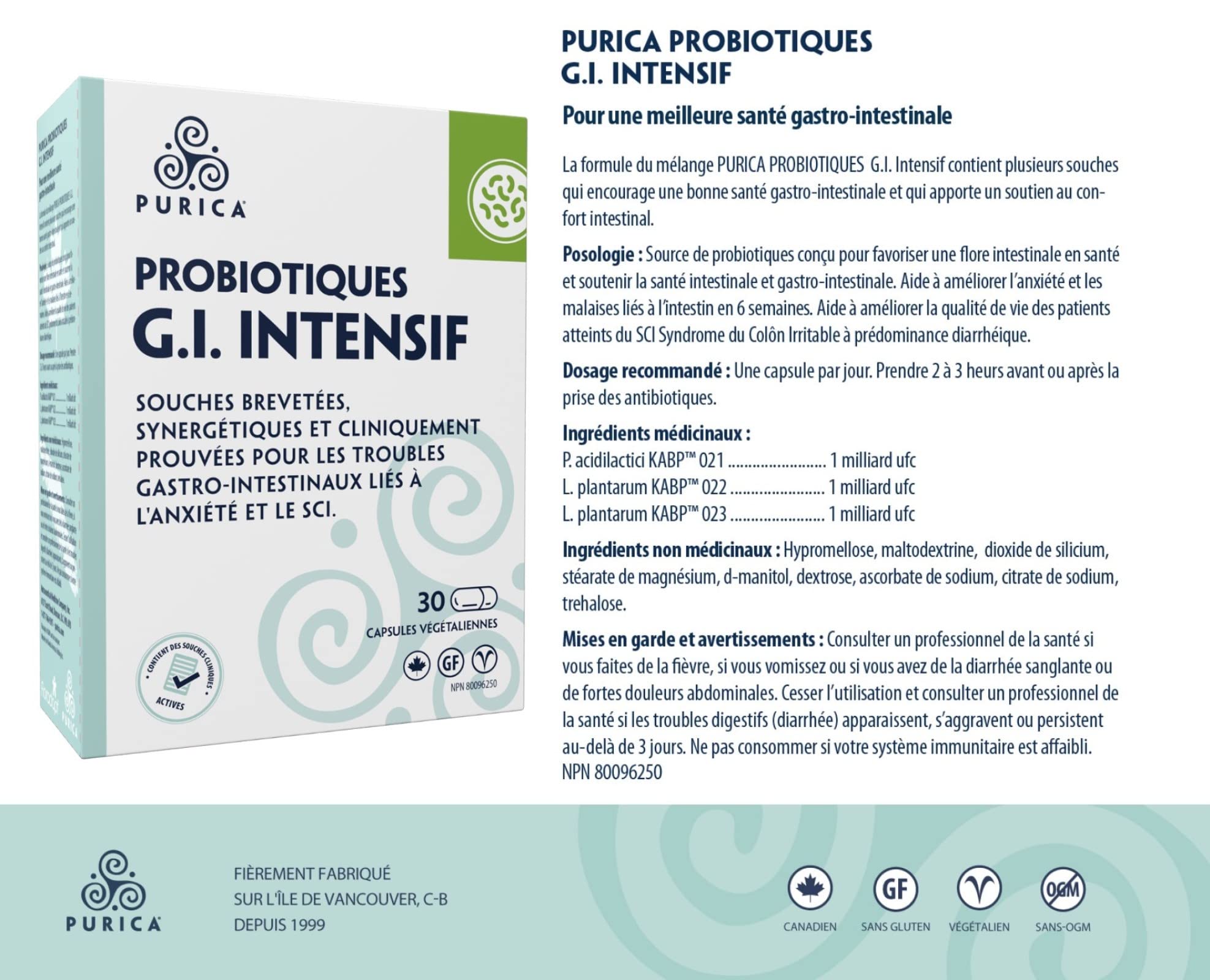 PURICA Probiotic Intensive GI 30 Vegan Capsules, 30-Day Supply, Support Digestive Balance, Comfort and Regularity, Probiotic Strains for Optimal Gut Flora, Help Reduce Occasional Bloating, Gluten-Free