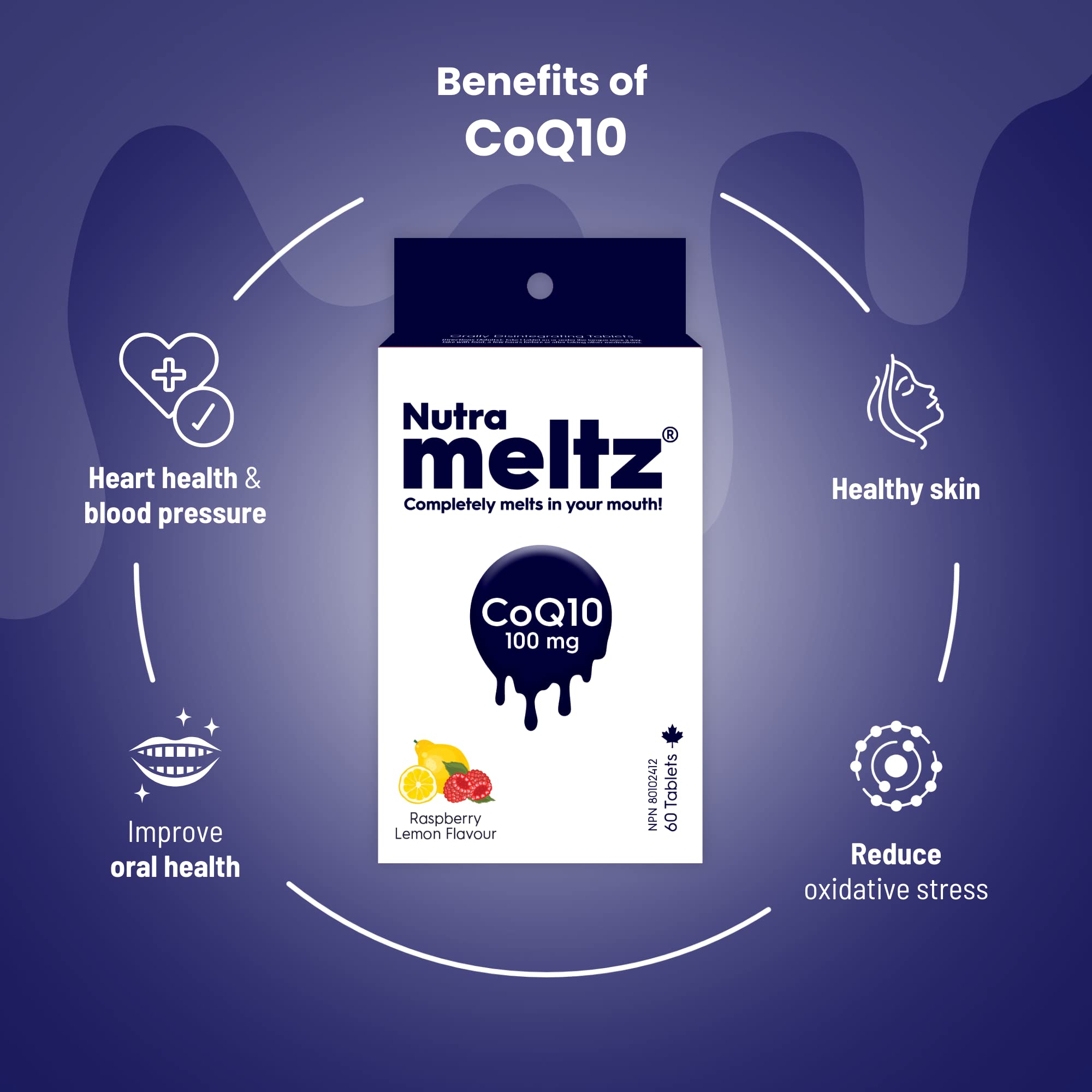 Nutrameltz Coenzyme Q10 (CoQ10) Promotes Heart Health and Blood Pressure - Fast Dissolving Tablet 100 mg - 60 Tabs