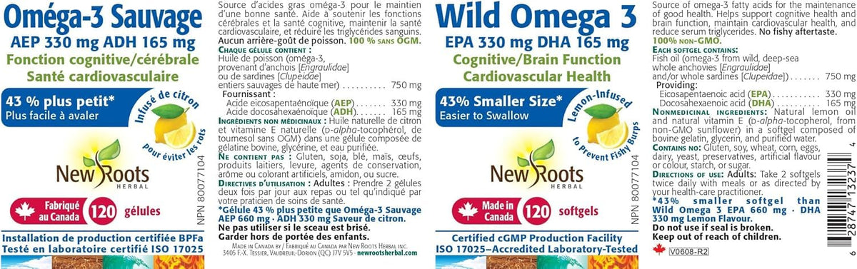 New Roots Herbal - Wild Omega 3 - EPA 330 mg & DHA 165 mg, Lemon-Infused - 120 Softgels