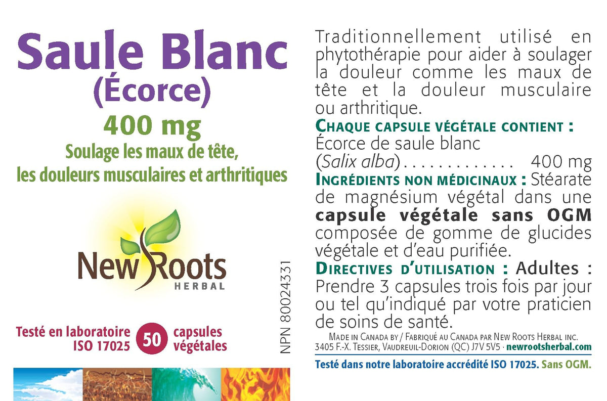 New Roots Herbal White Willow Bark Capsules, 400 mg, Gluten Free