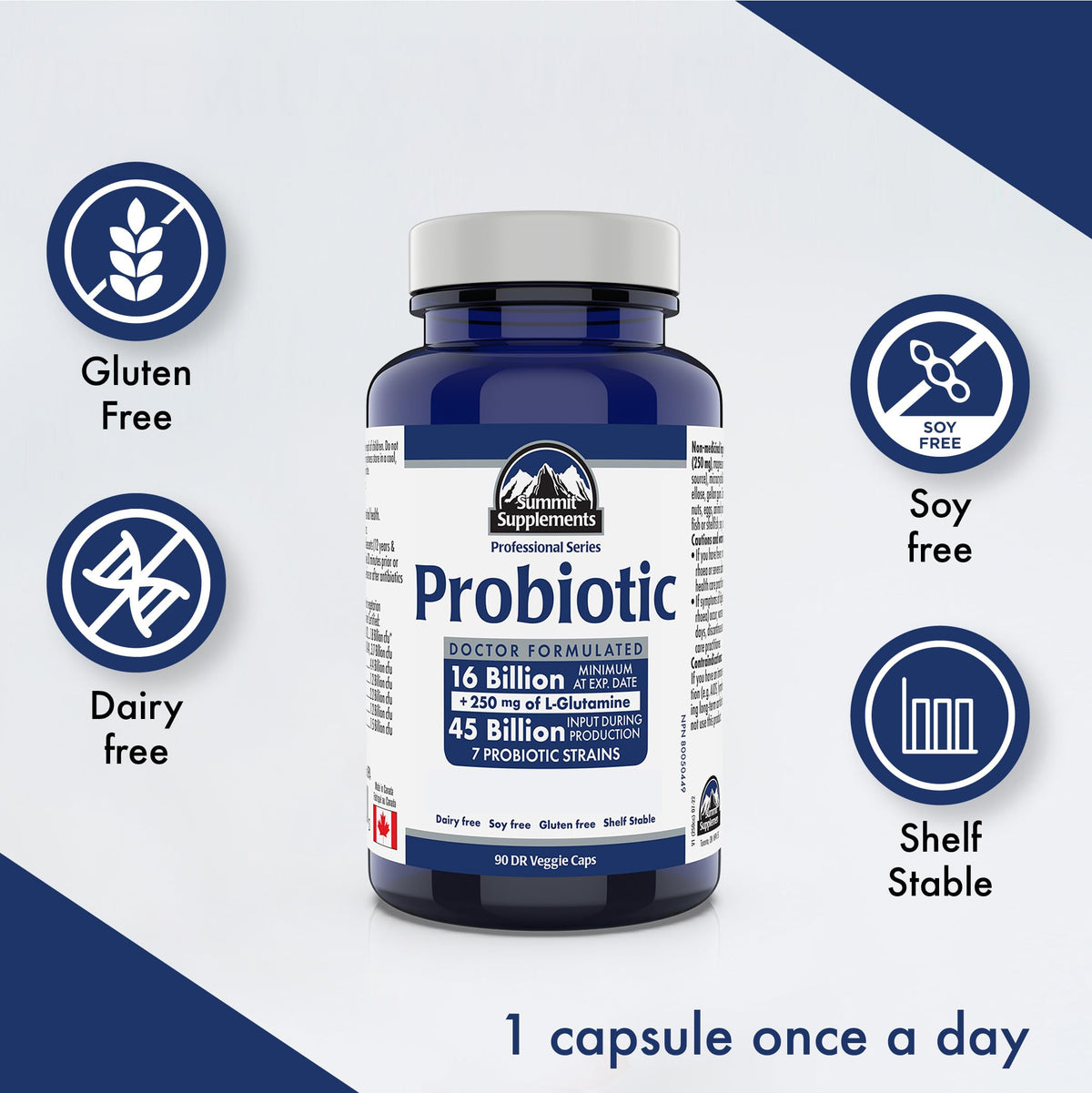 Probiotic Supplement 45 Billion CFU, 90 DR Veggie Caps with 250 mg L-Glutamine 90-Day Supply, 7 Strains for Gut Health and IBS Relief - Dairy, Soy & Gluten-Free, Proudly Canadian, Plastic Negative
