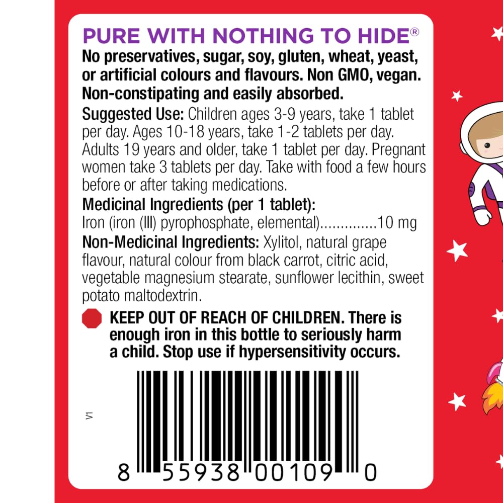 Kidstar Nutrients - BioFe Pure Iron 10mg, 60 Chewable Tablets 60-Day Supply - Natural Grape Flavour - Helps to Prevent Iron Deficiency Anemia - Non-Constipation - Vegan, Non-GMO, Gluten and Sugar-Free