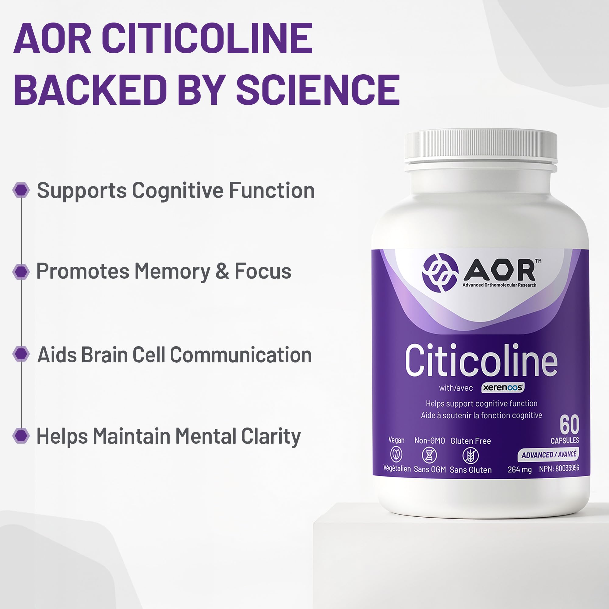 AOR Xerenoos Citicoline, complément avec Bitartrate de choline, 60 capsules, cure de 30 jours – Favorise les fonctions cognitives, la concentration et la mémoire – Soutien des phospholipides pour la santé du cerveau – Sans OGM, végétalien et sans gluten