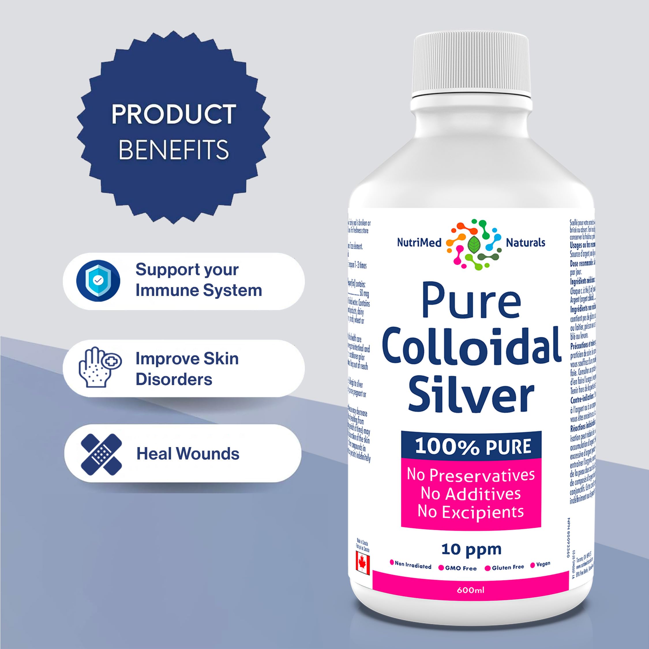 Nutrimed Naturals - Pure Colloidal Silver 10ppm, 600ml Liquid 120-Servings - Helps Support your Immune System and Overall Vitality - Vegan & Non-GMO - 3rd Party Tested - Formulated & Made in Canada