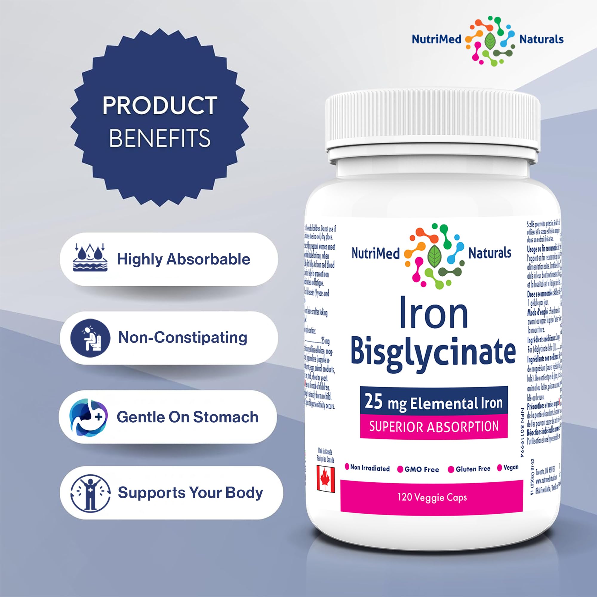 Nutrimed Naturals - Bisglycinate de Fer, 120 Gélules Végétaliennes, 120 Jours d'Approvisionnement - 25mg de Fer Élémentaire pour l'Anémie Ferriprive et la Fatigue Associée - Testé par un Tiers - Formulé et Fabriqué au Canada