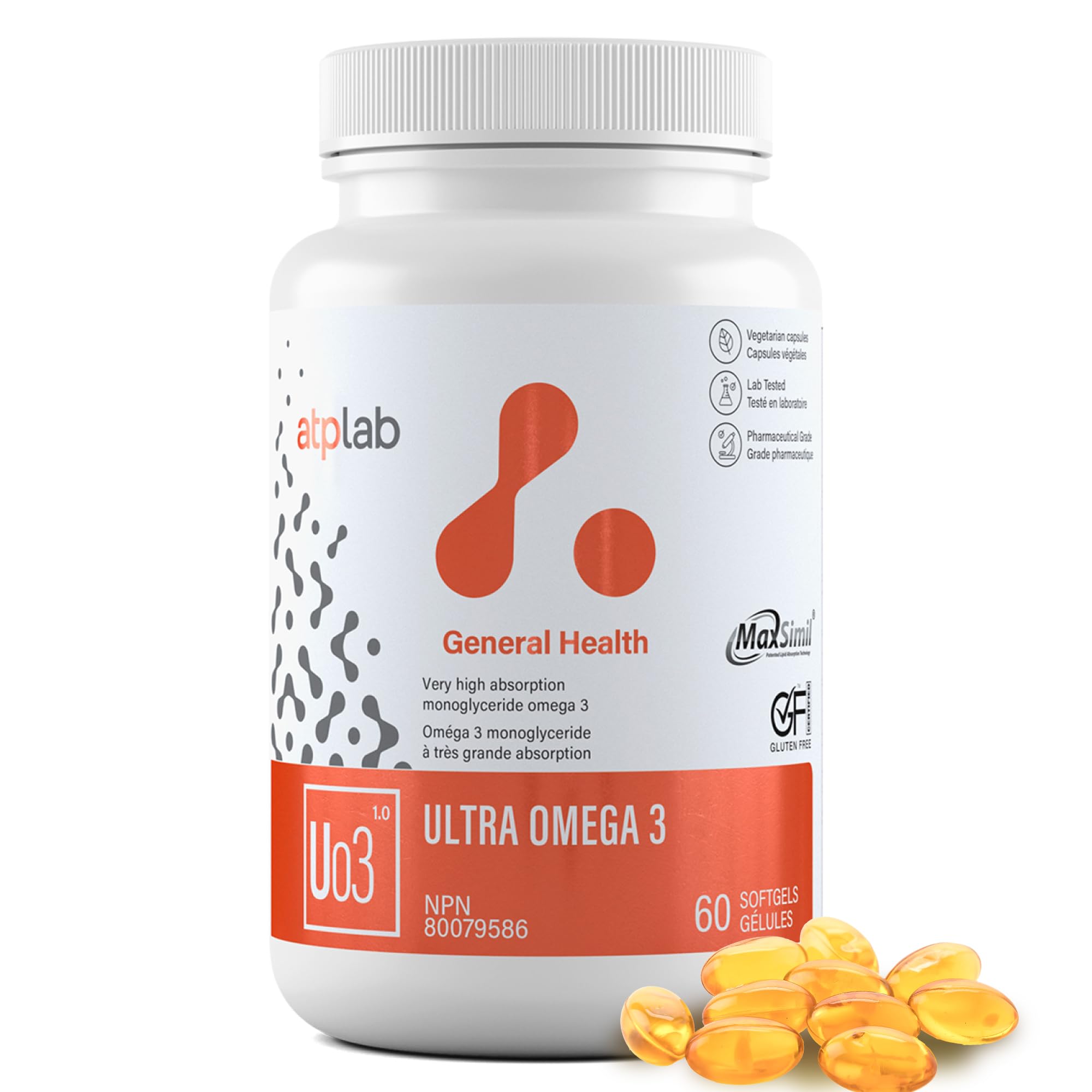 ATP LAB - Ultra Oméga 3 60 gélules Approvisionnement de 60 jours - Suppléments d'acides gras oméga-3 monoglycérides à haute absorption - Suppléments d'huile de poisson oméga-3 MaxSimil pour réduire le cholestérol - Santé cardiovasculaire