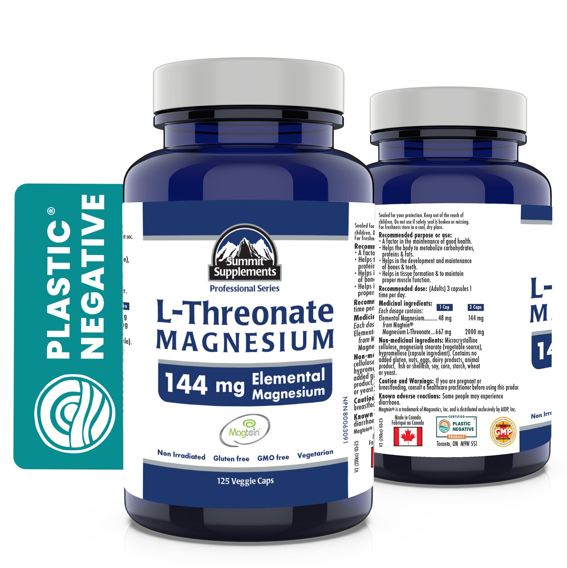 Proudly Canadian & Plastic Negative - Magtein Magnesium L-Threonate 125 Vegan Capsules 41-Day Supply - Brain Health, Promote Healthy Sleep & Relaxation - 3rd Party Tested - Formulated & Made in Canada