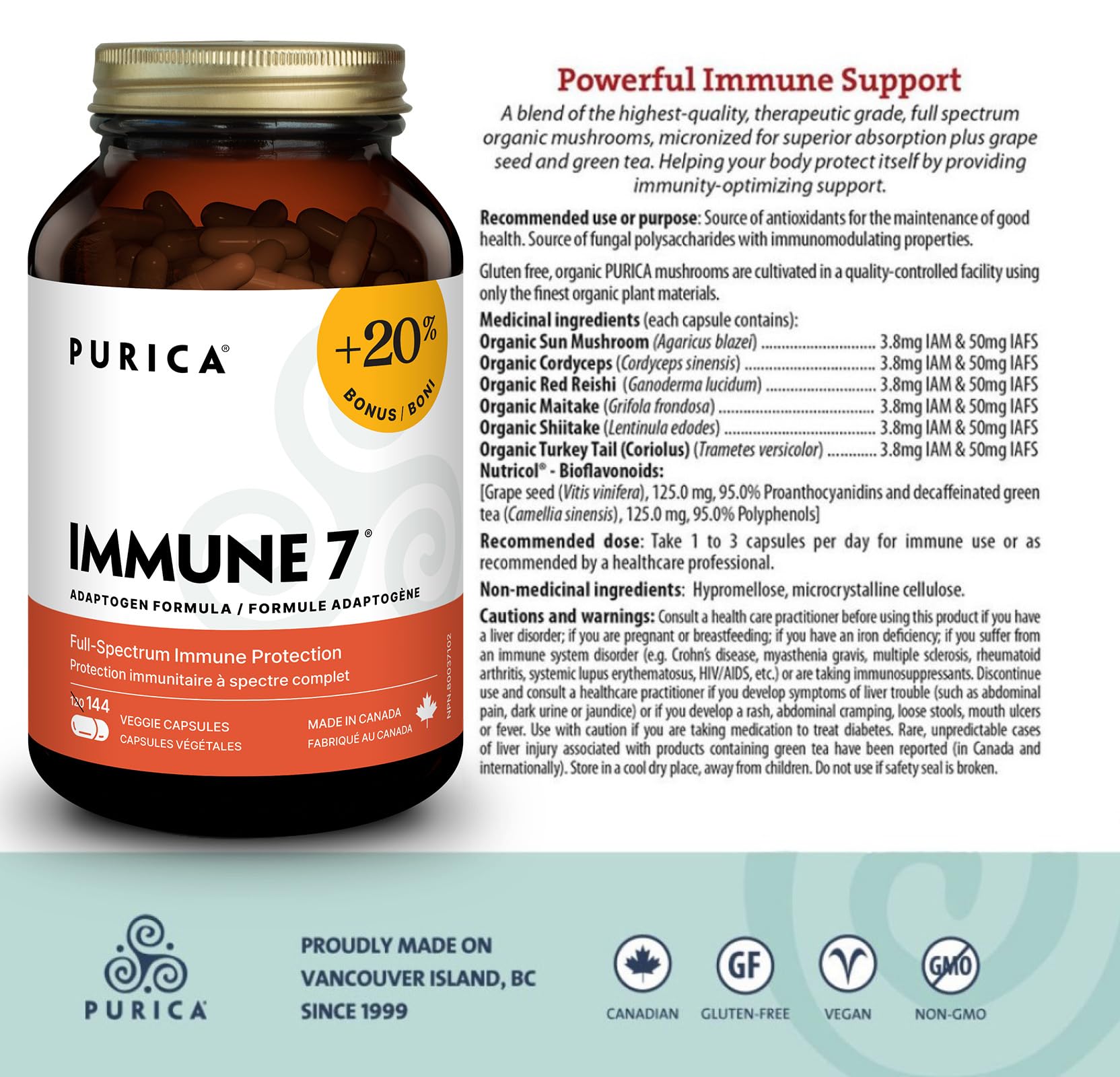 PURICA Complexe Immunitaire 7, 60 gélules - Soutien immunitaire complet avec Coriolus versicolor, Cordyceps, Reishi, Maitake, Shiitake, Champignon du Soleil - Vitalité à spectre complet, Améliore la santé et le bien-être
