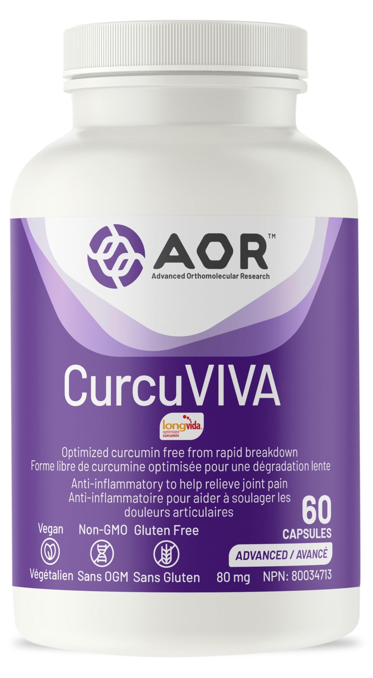 AOR CurcuVIVA Turmeric Curcumin Capsules, 80 mg, Gluten Free, 60 Day Supply