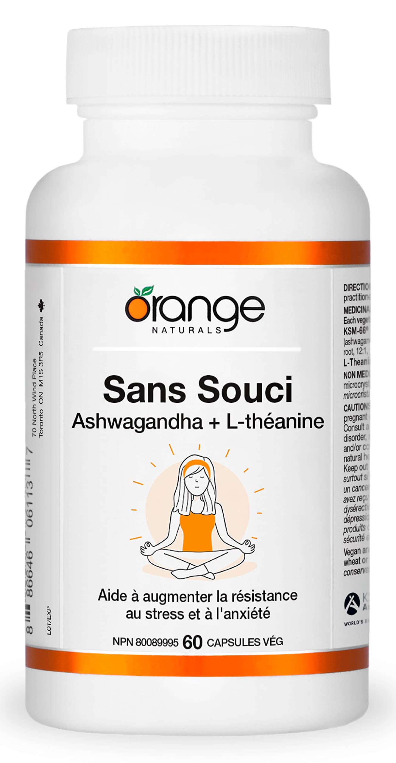 Orange Naturals - Tranquillité d'esprit, Ashwagandha KSM-66 et L-théanine, 60 gélules pour 30 jours - Ashwagandha haute concentration 300 mg et L-théanine 100 mg pour la relaxation et la concentration - Végan et sans OGM