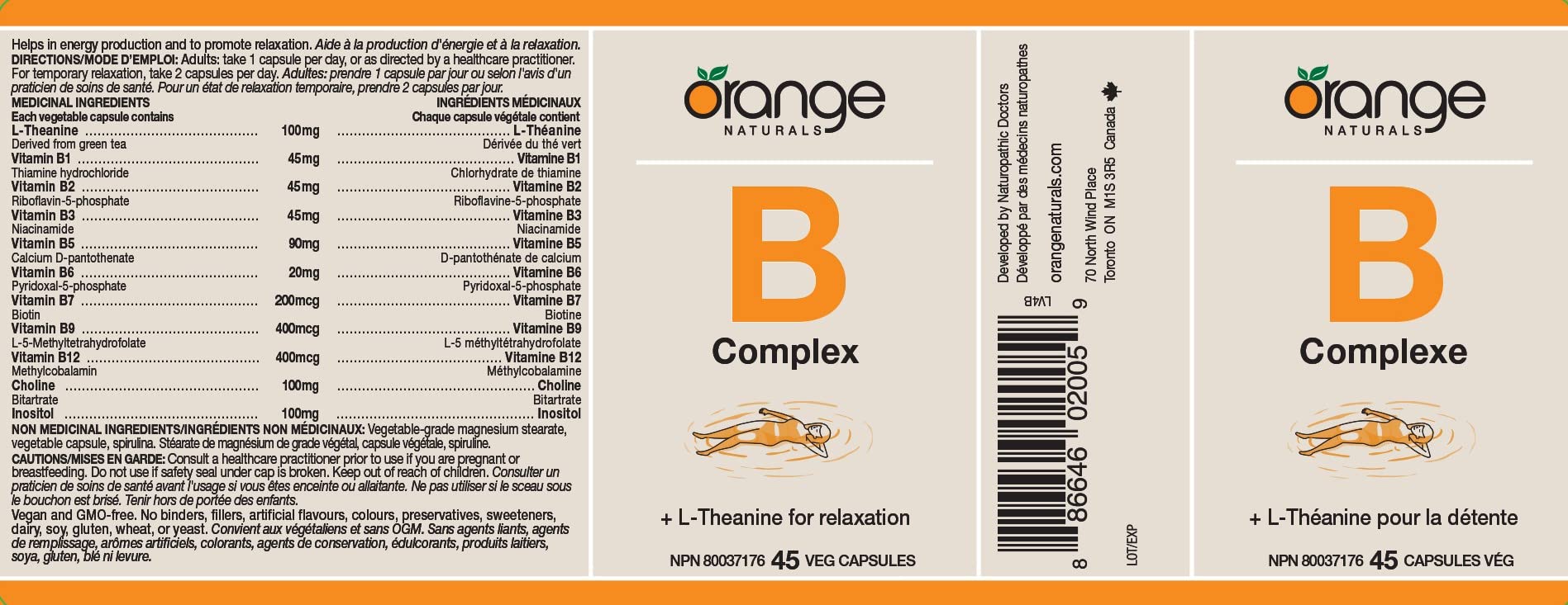 Orange Naturals - Complexe de vitamines B avec L-Théanine, 45 capsules pour 45 jours - Supplément de vitamines du complexe B à base de coenzymes - Spectre complet de vitamines B - Améliore l'énergie, le sommeil et favorise la relaxation mentale